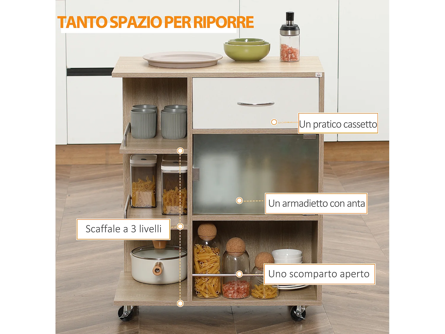 Carrello da cucina con cassetto armadietto e ripiani in legno