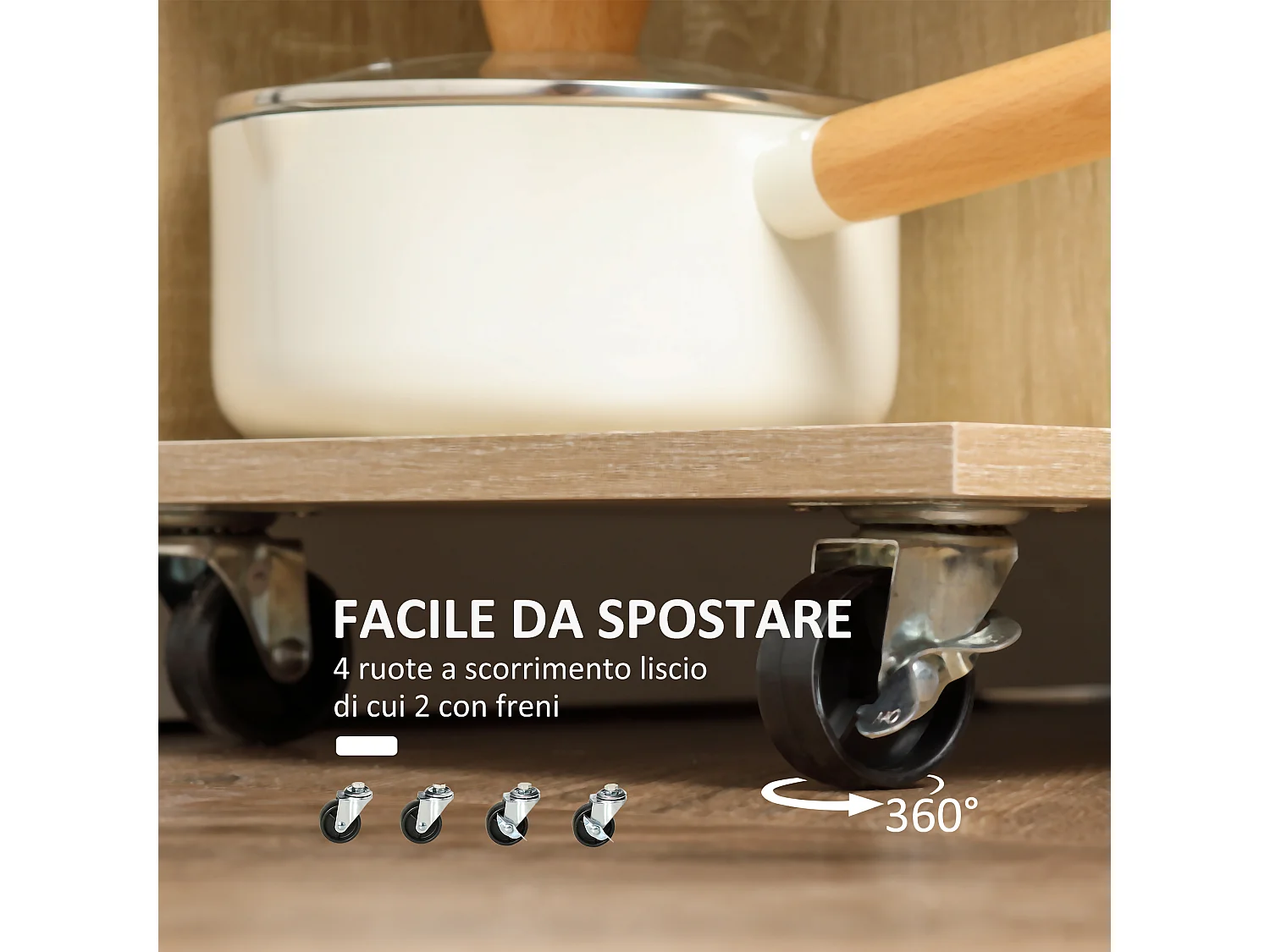 Carrello da cucina con cassetto armadietto e ripiani in legno