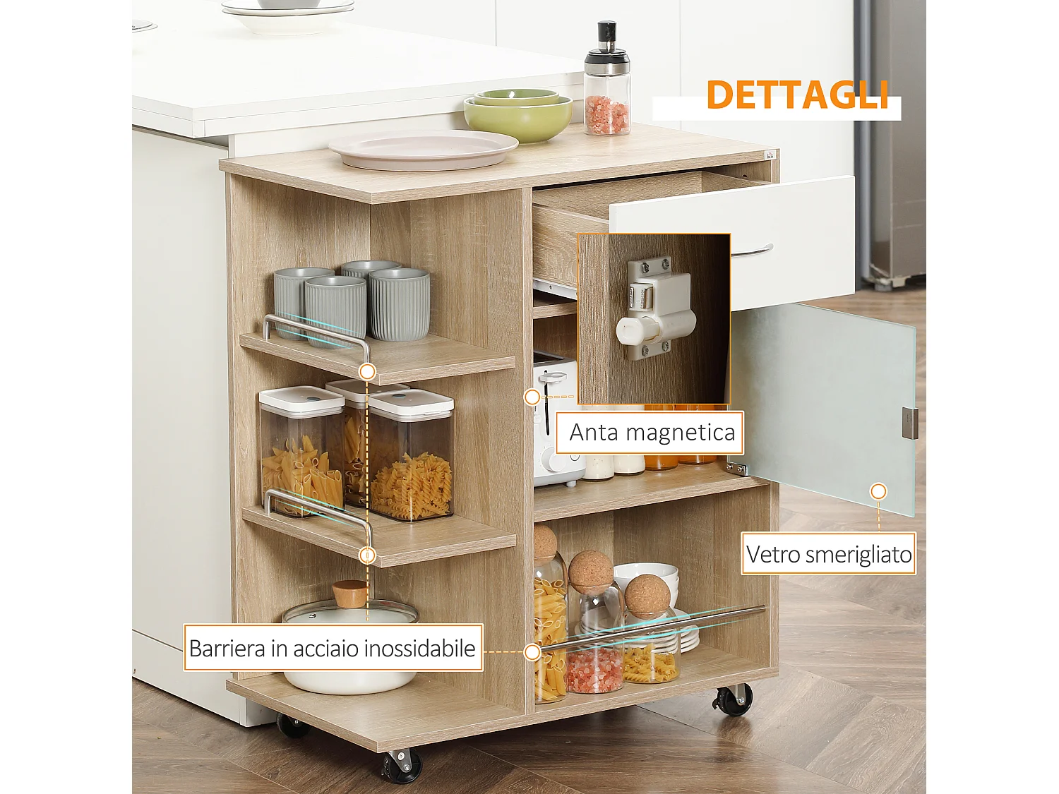 Carrello da cucina con cassetto armadietto e ripiani in legno