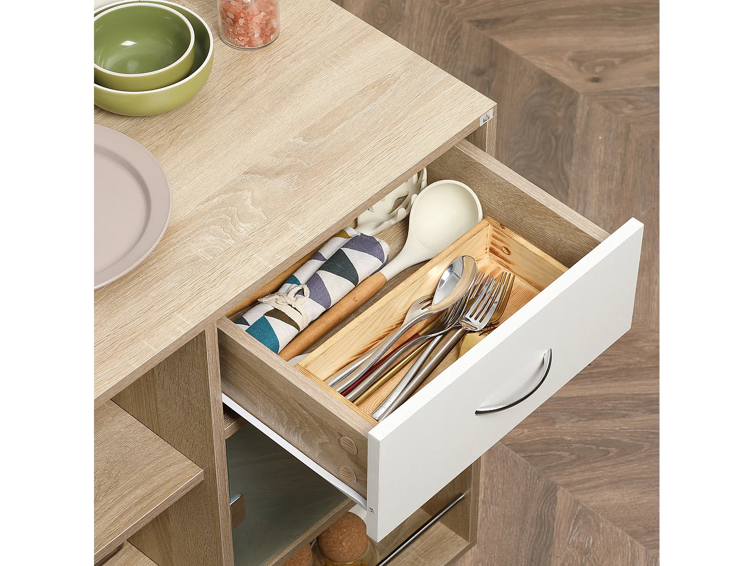 Carrello da cucina con cassetto armadietto e ripiani in legno
