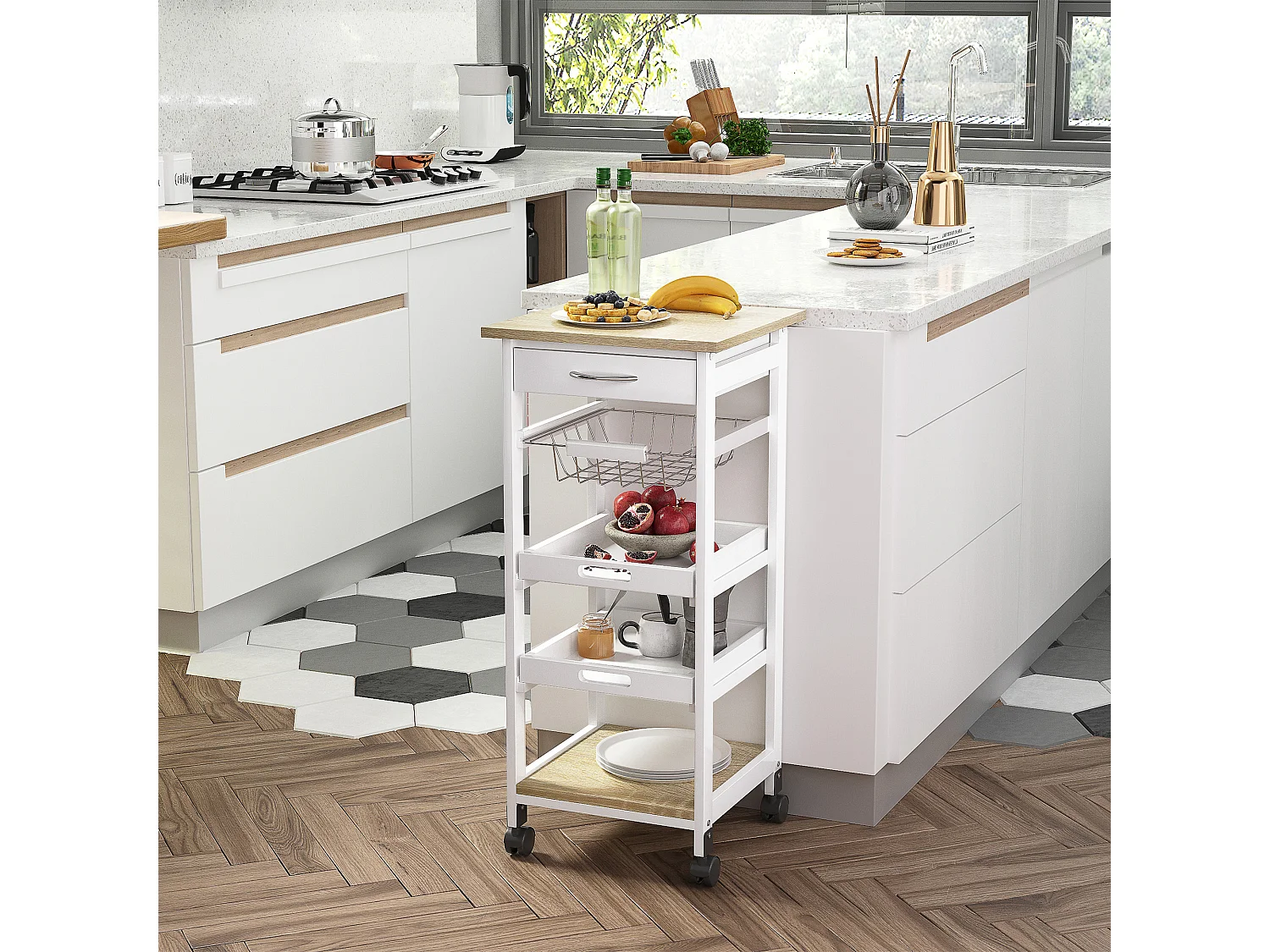 Carrello da cucina in legno salvaspazio con 4 ruote e 2 vassoi bianco