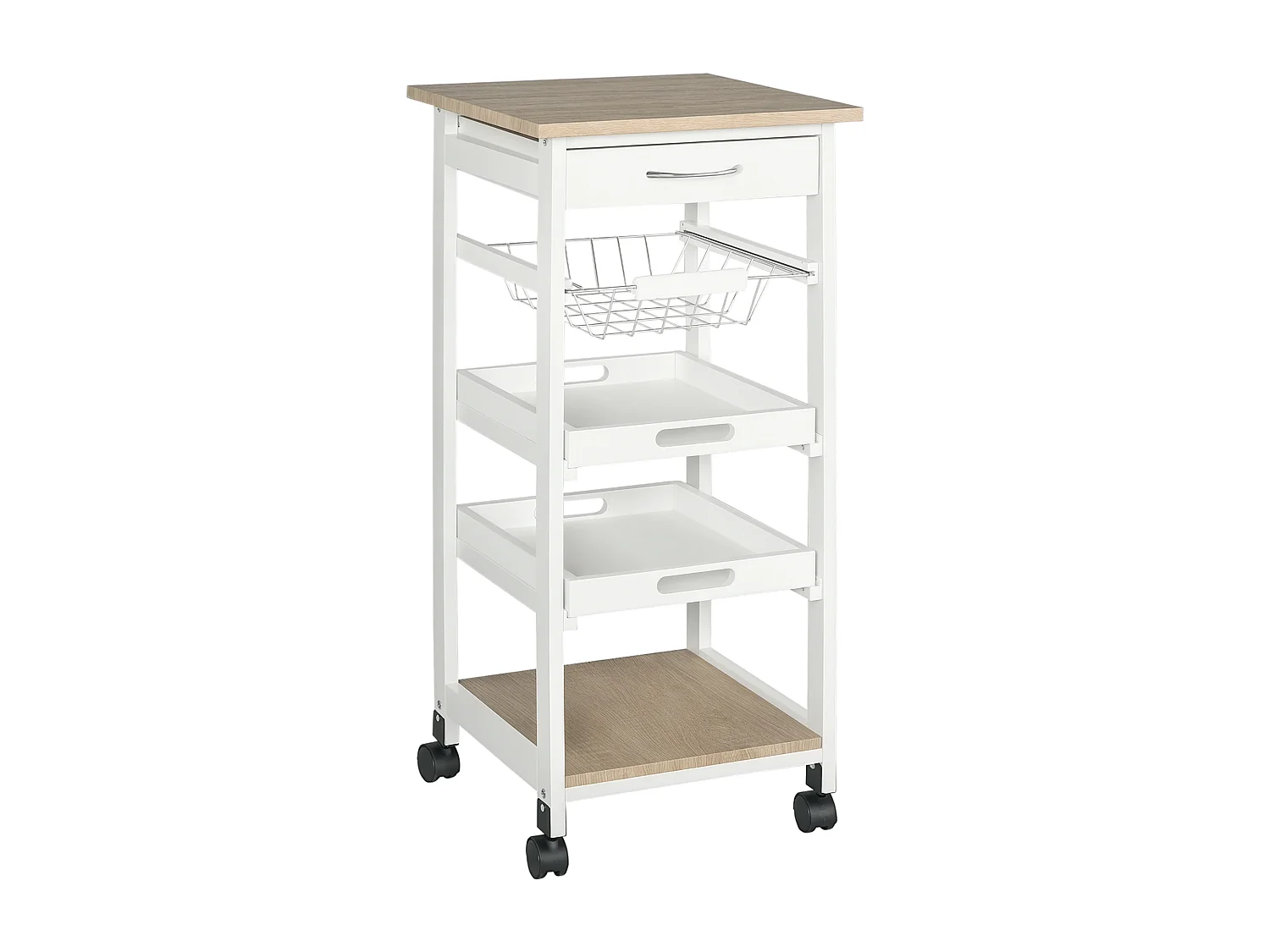 Carrello da cucina in legno salvaspazio con 4 ruote e 2 vassoi bianco