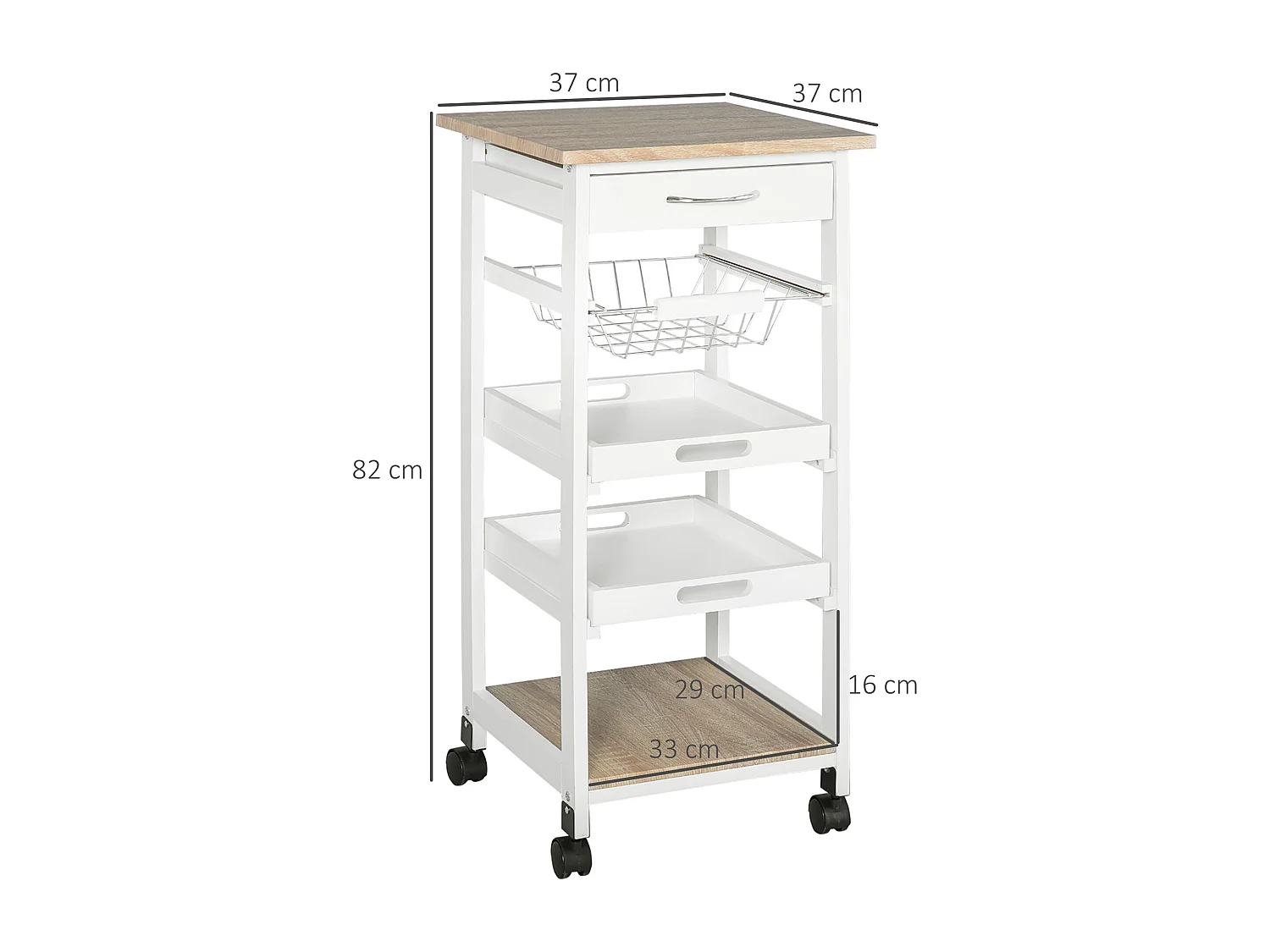 Carrello da cucina in legno salvaspazio con 4 ruote e 2 vassoi bianco