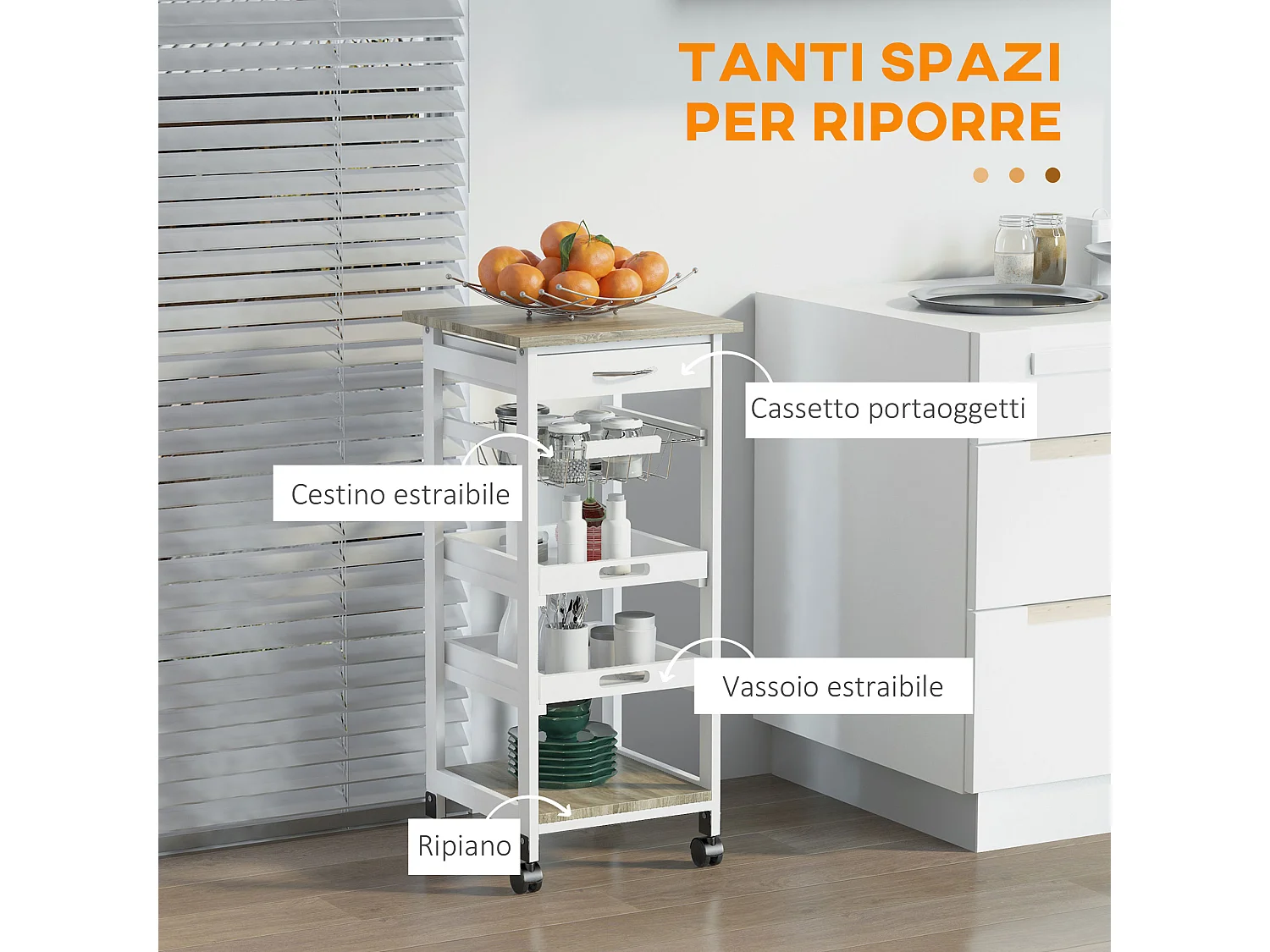 Carrello da cucina in legno salvaspazio con 4 ruote e 2 vassoi bianco