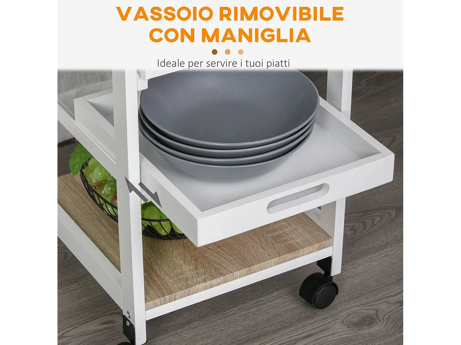Carrello da cucina in legno salvaspazio con 4 ruote e 2 vassoi bianco