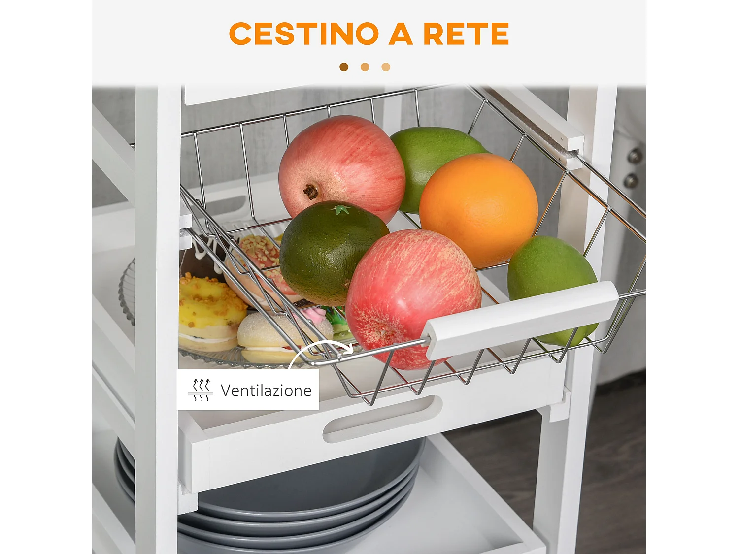 Carrello da cucina in legno salvaspazio con 4 ruote e 2 vassoi bianco