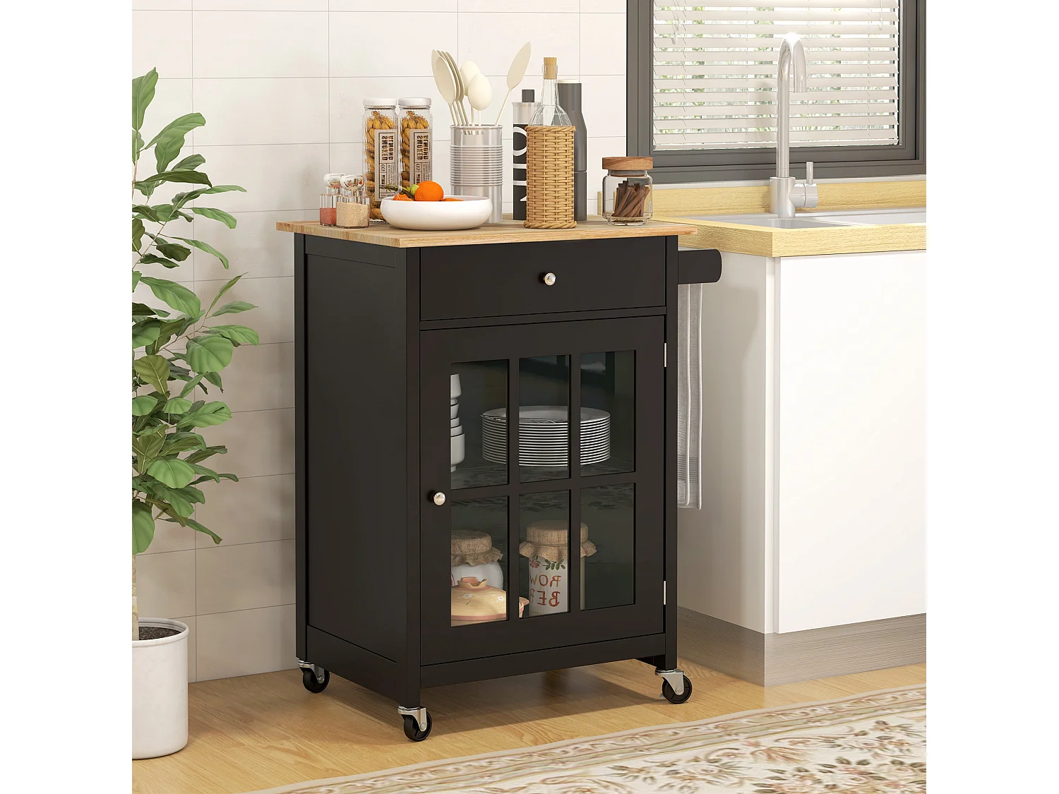 Carrello da cucina con cassetto e armadietto regolabile in legno