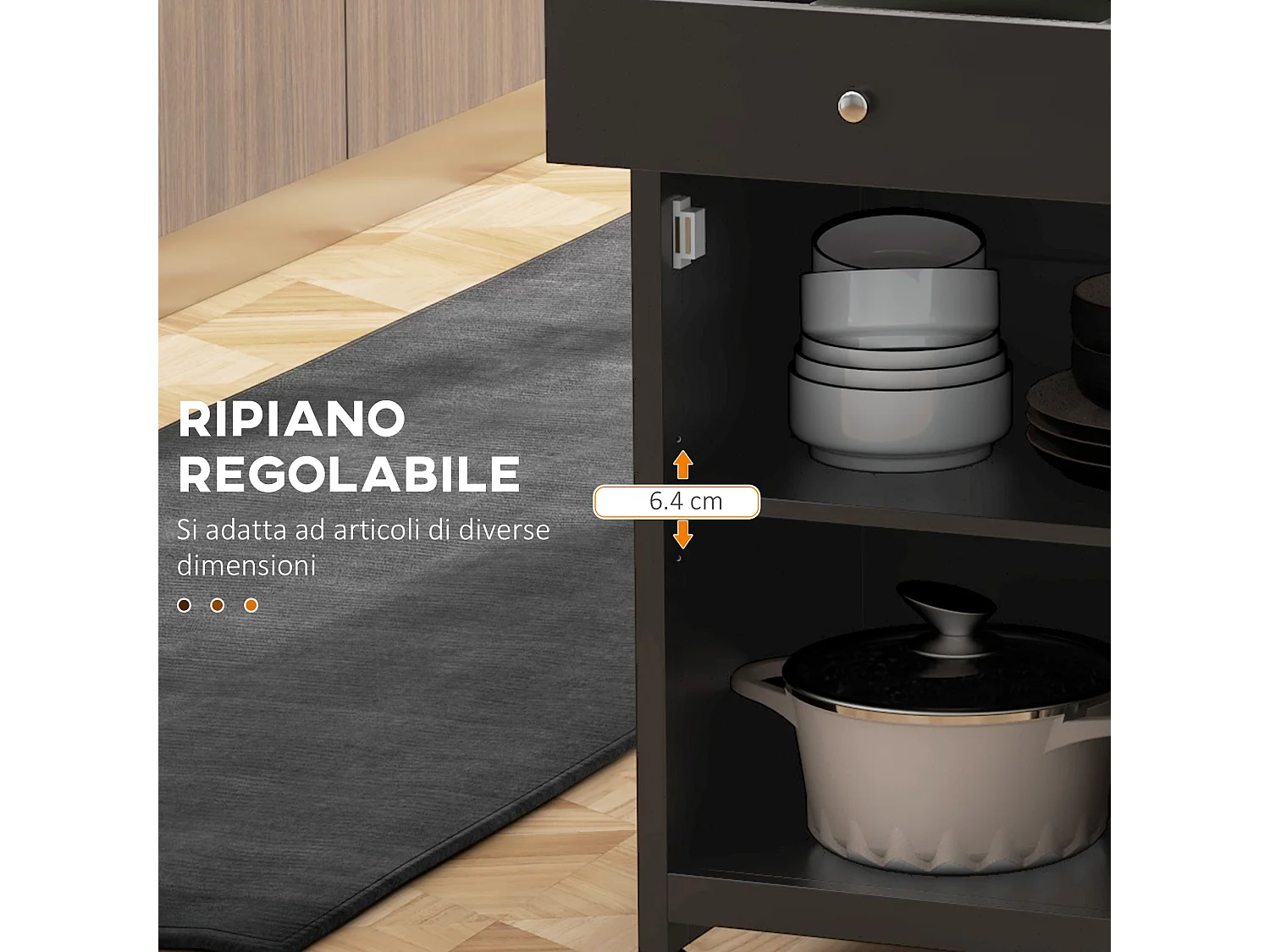 Carrello da cucina con cassetto e armadietto regolabile in legno