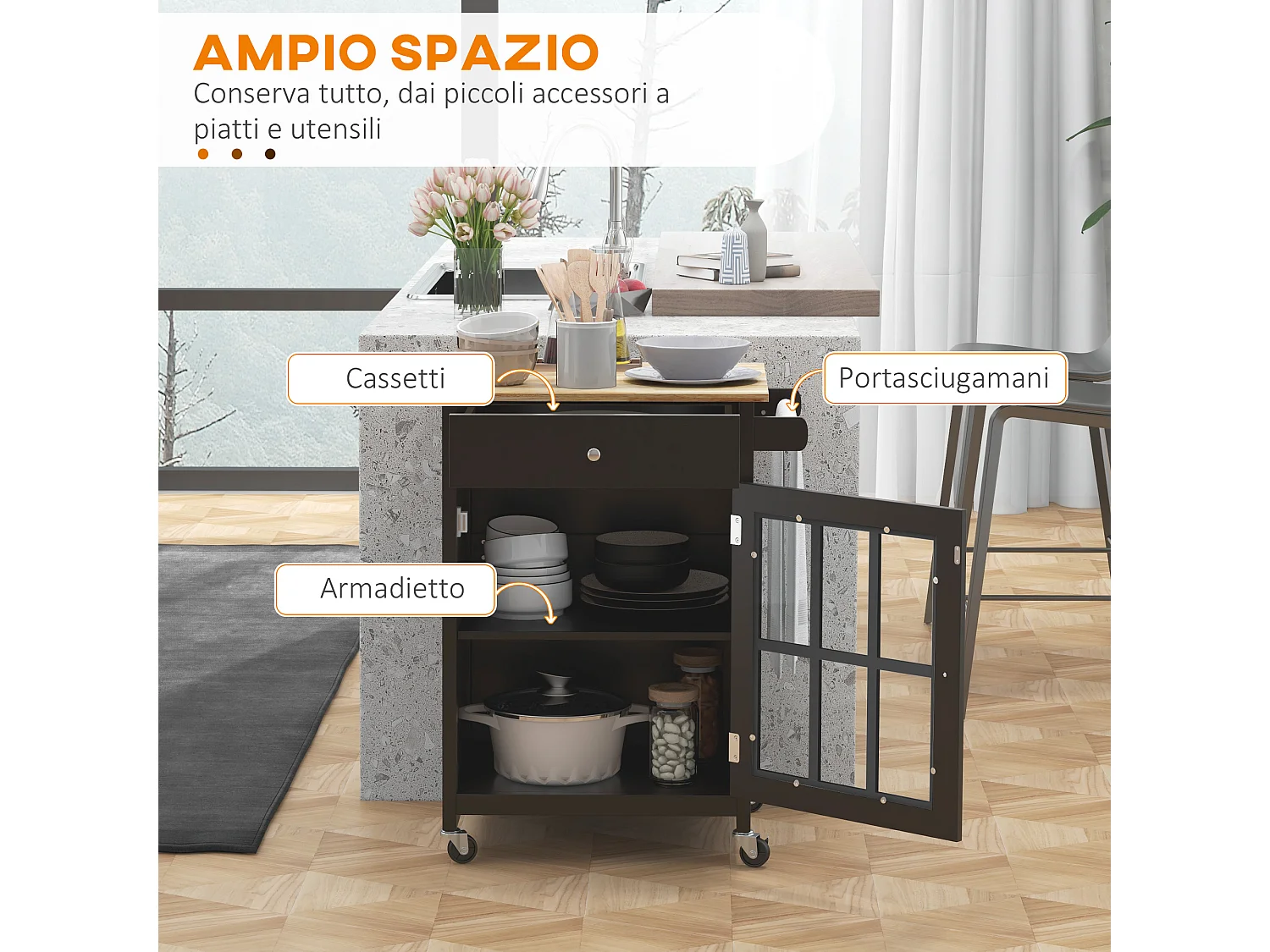 Carrello da cucina con cassetto e armadietto regolabile in legno