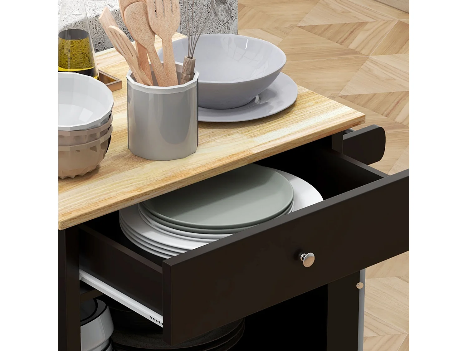 Carrello da cucina con cassetto e armadietto regolabile in legno