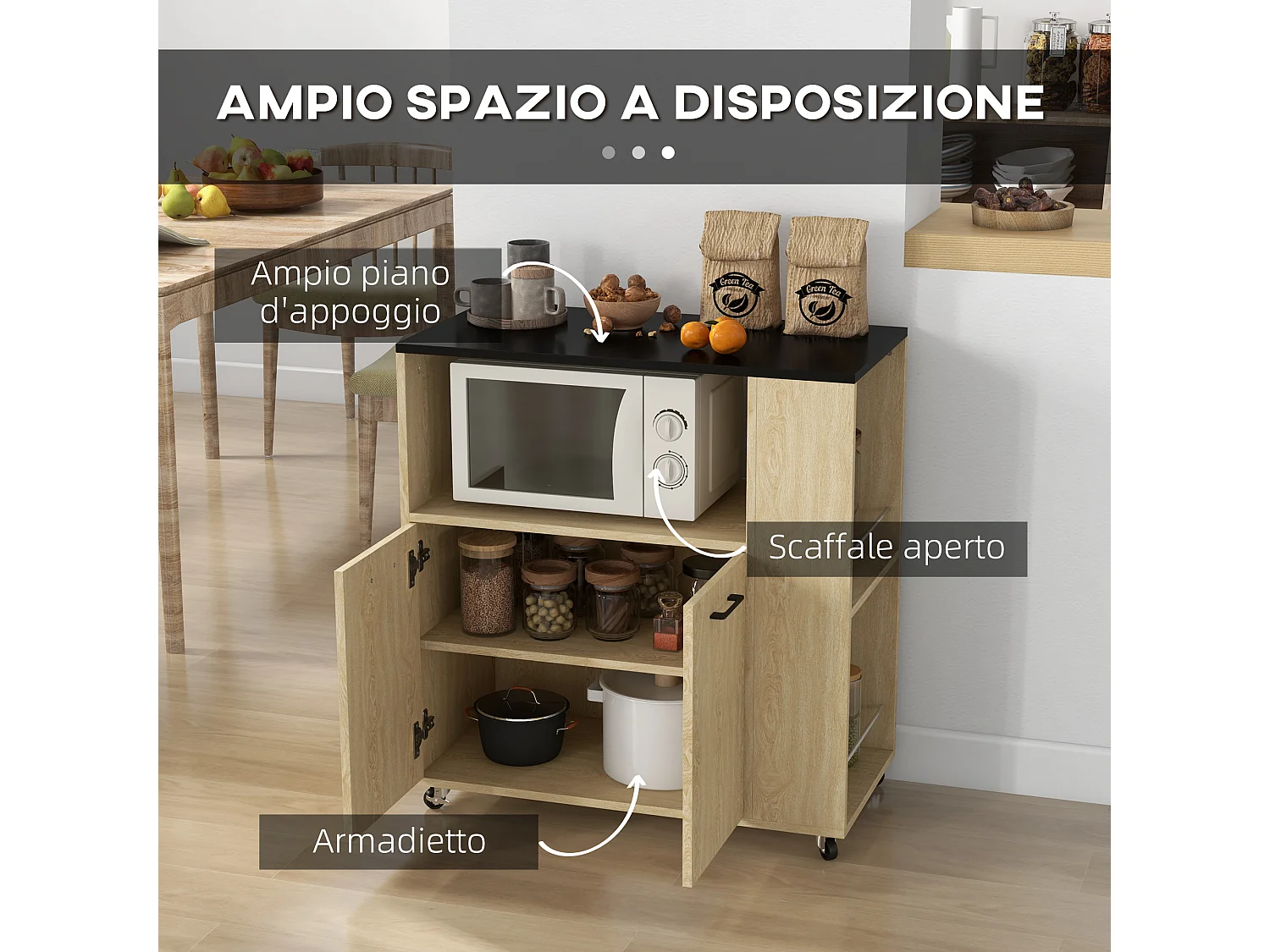 HOMCOM Carrello da Cucina con Ripiani e Armadietto a 2 Ante