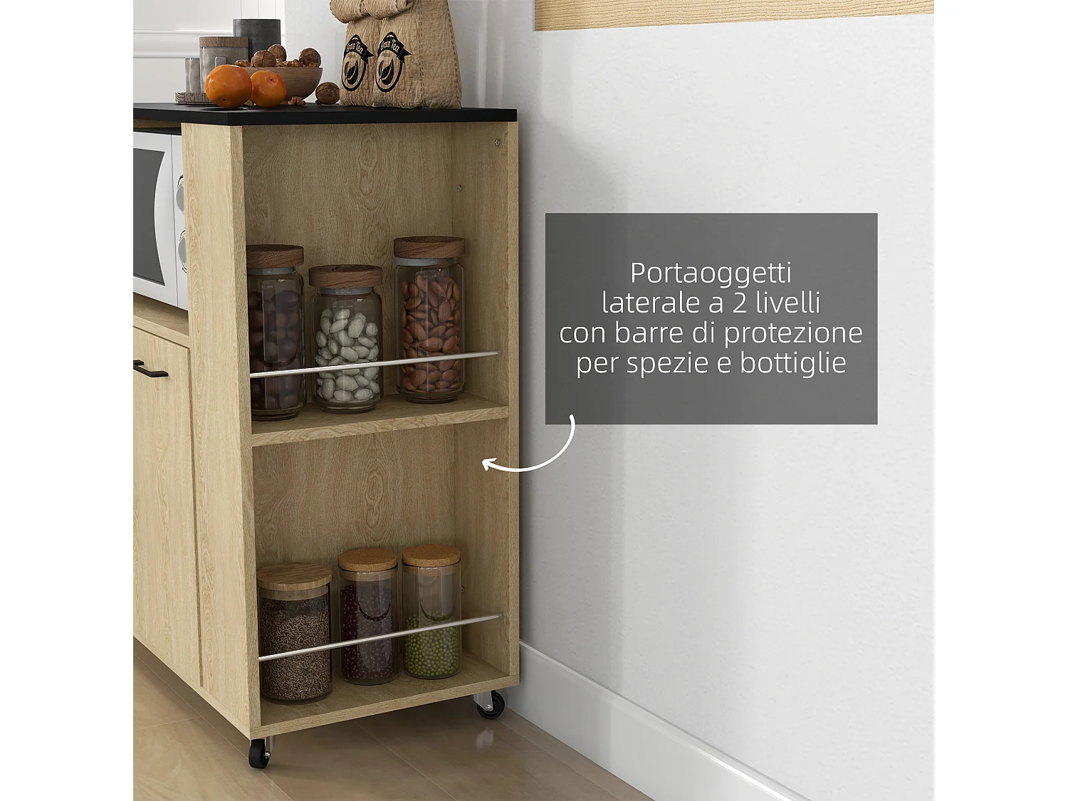 HOMCOM Carrello da Cucina con Ripiani e Armadietto a 2 Ante