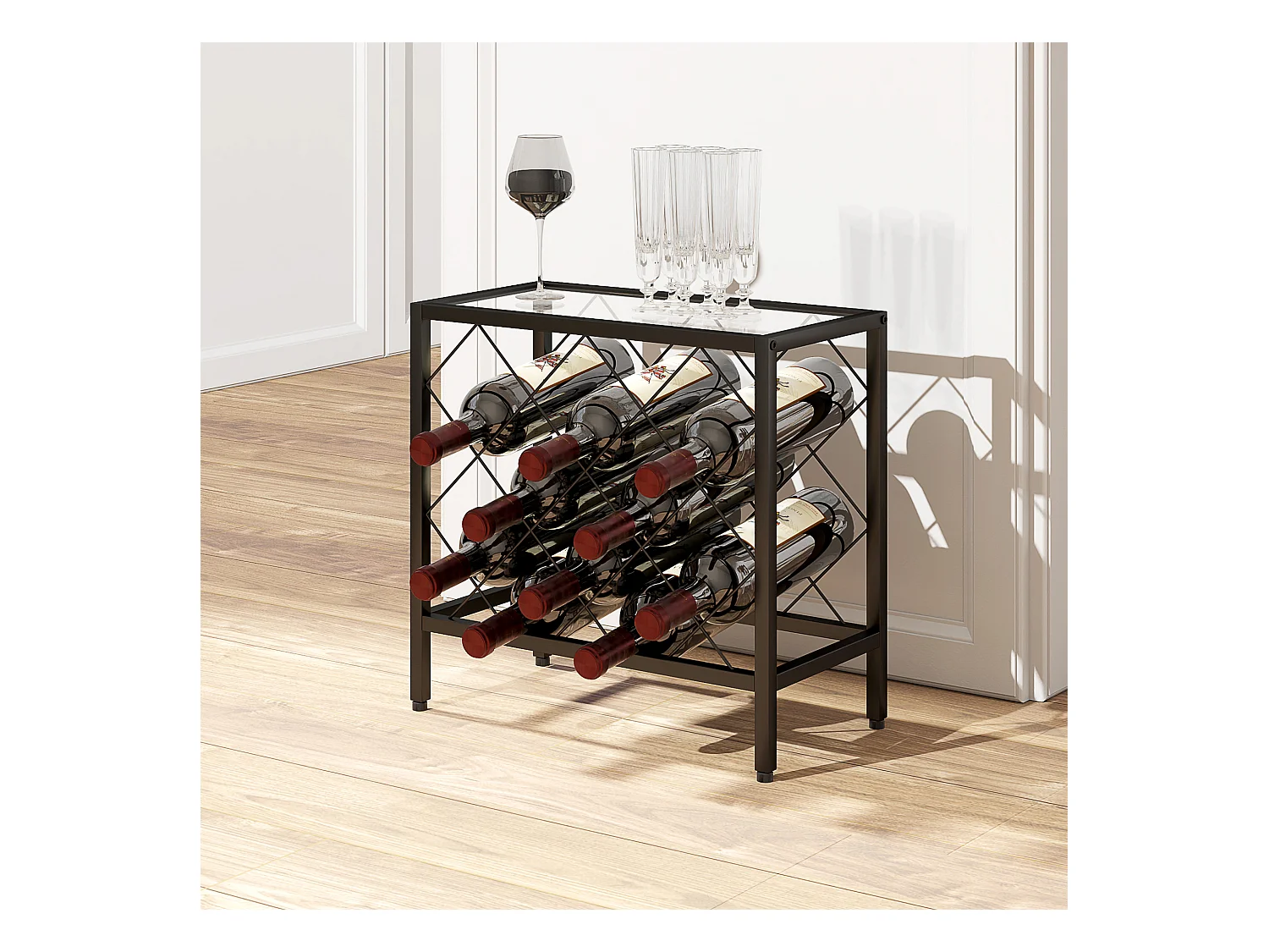 Portabottiglie vini per 10 bottiglie in acciaio nero con ripiano