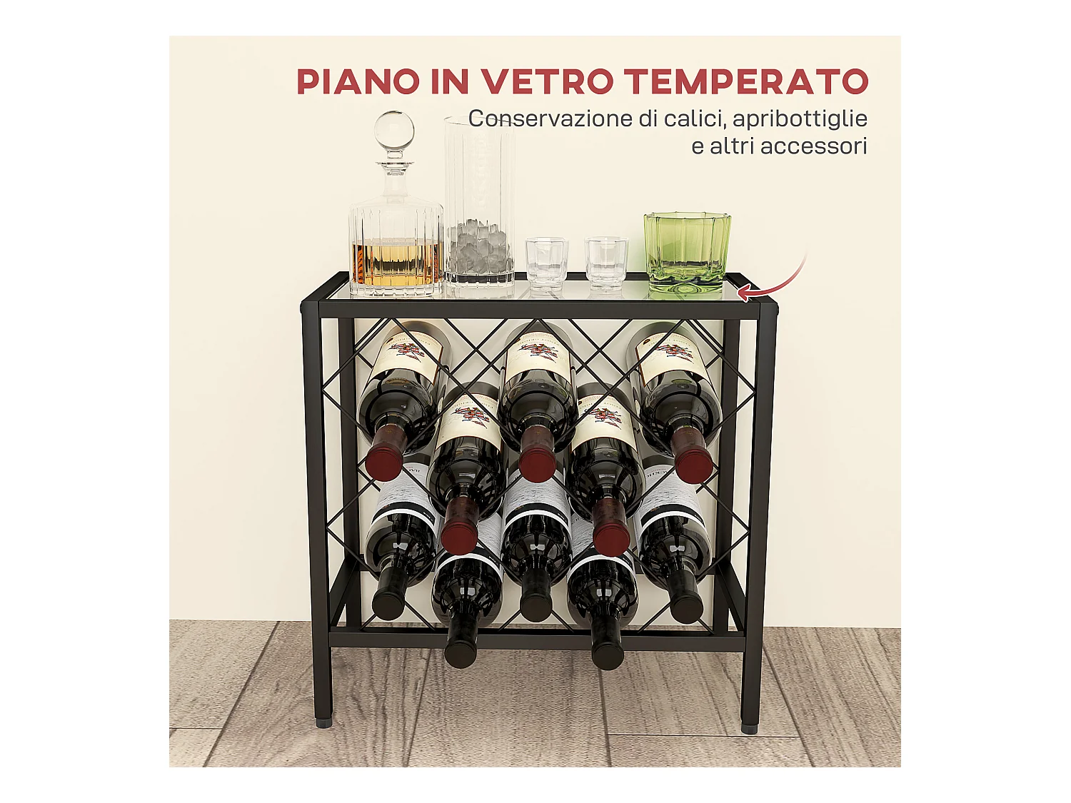 Portabottiglie vini per 10 bottiglie in acciaio nero con ripiano