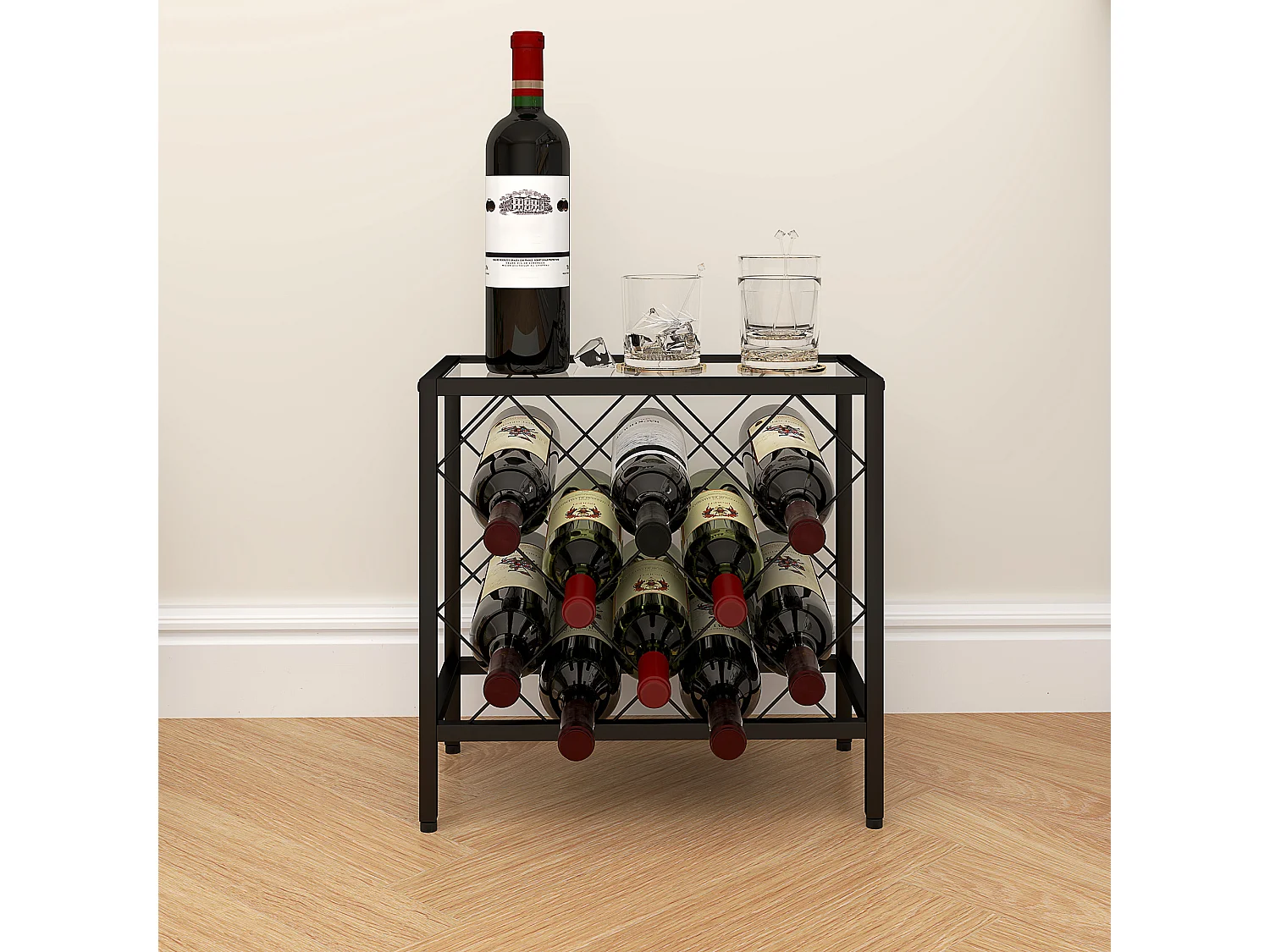 Portabottiglie vini per 10 bottiglie in acciaio nero con ripiano