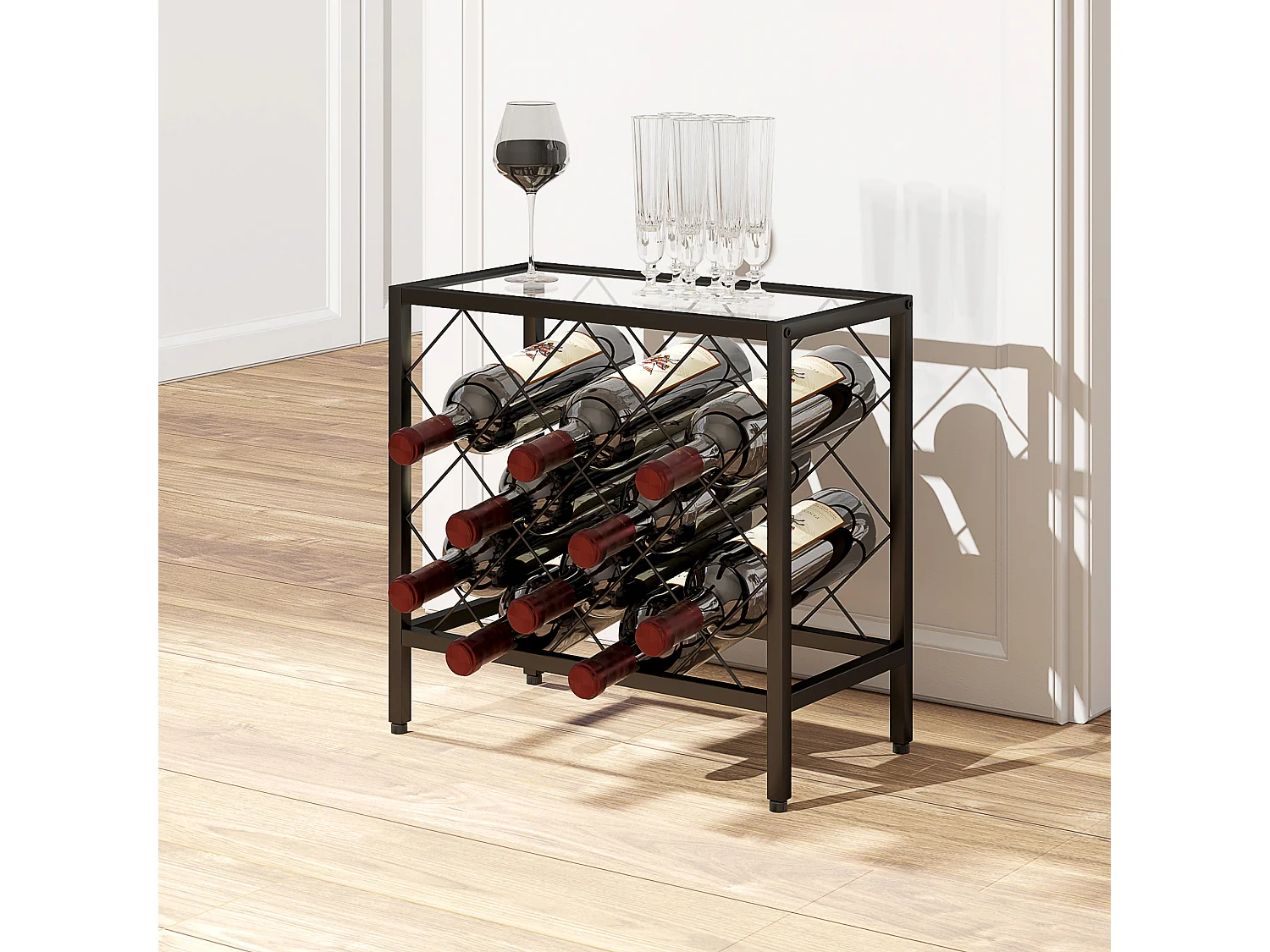 Portabottiglie vini per 10 bottiglie in acciaio nero con ripiano