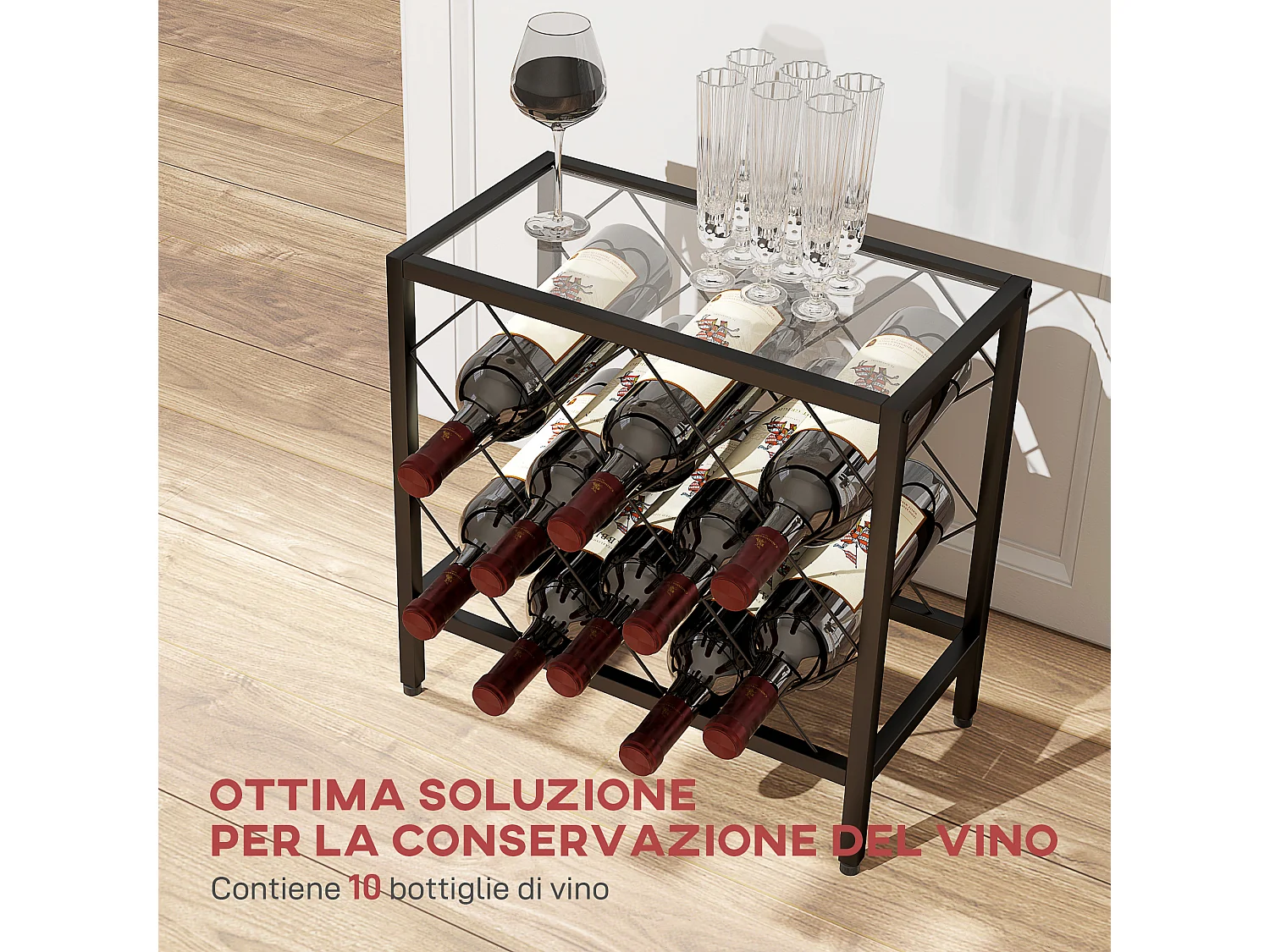 Portabottiglie vini per 10 bottiglie in acciaio nero con ripiano
