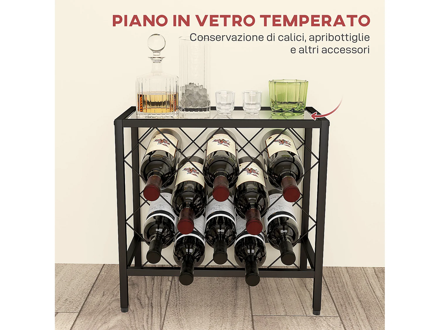 Portabottiglie vini per 10 bottiglie in acciaio nero con ripiano