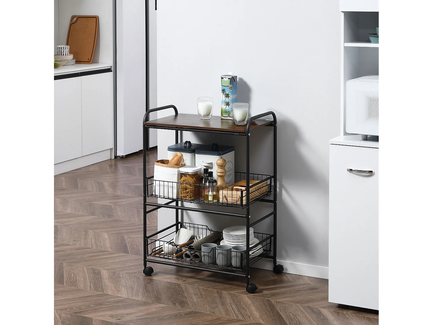 Carrello da cucina stile industriale 4 ruote 2 cestini 4 ganci