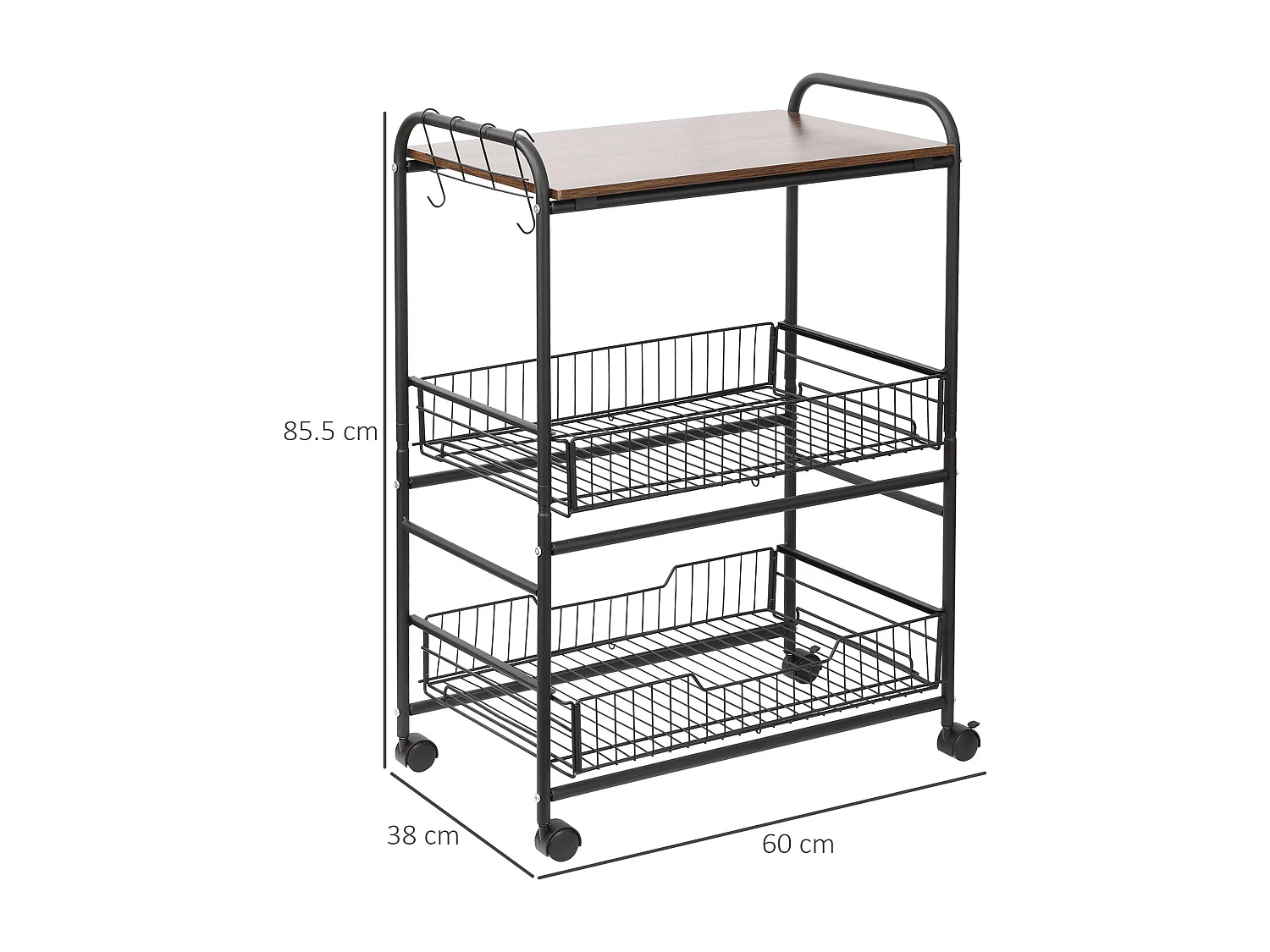 Carrello da cucina stile industriale 4 ruote 2 cestini 4 ganci