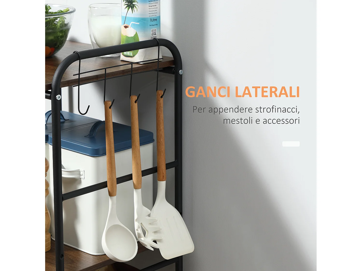 Carrello da cucina stile industriale 4 ruote 2 cestini 4 ganci