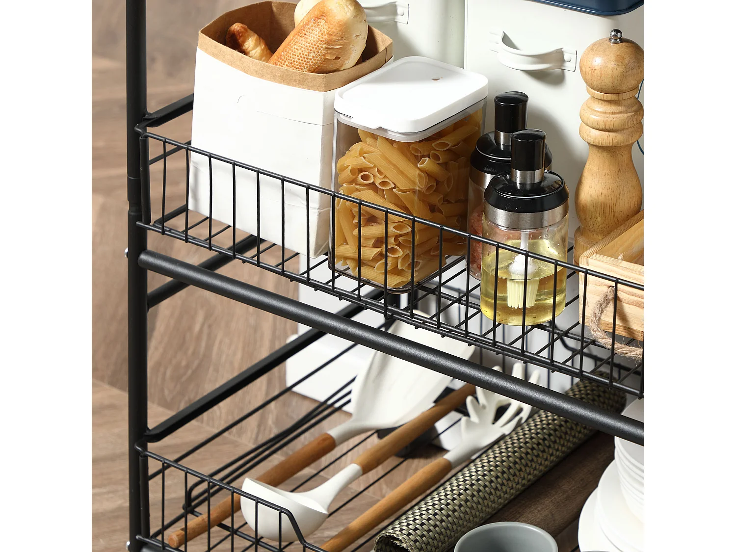 Carrello da cucina stile industriale 4 ruote 2 cestini 4 ganci