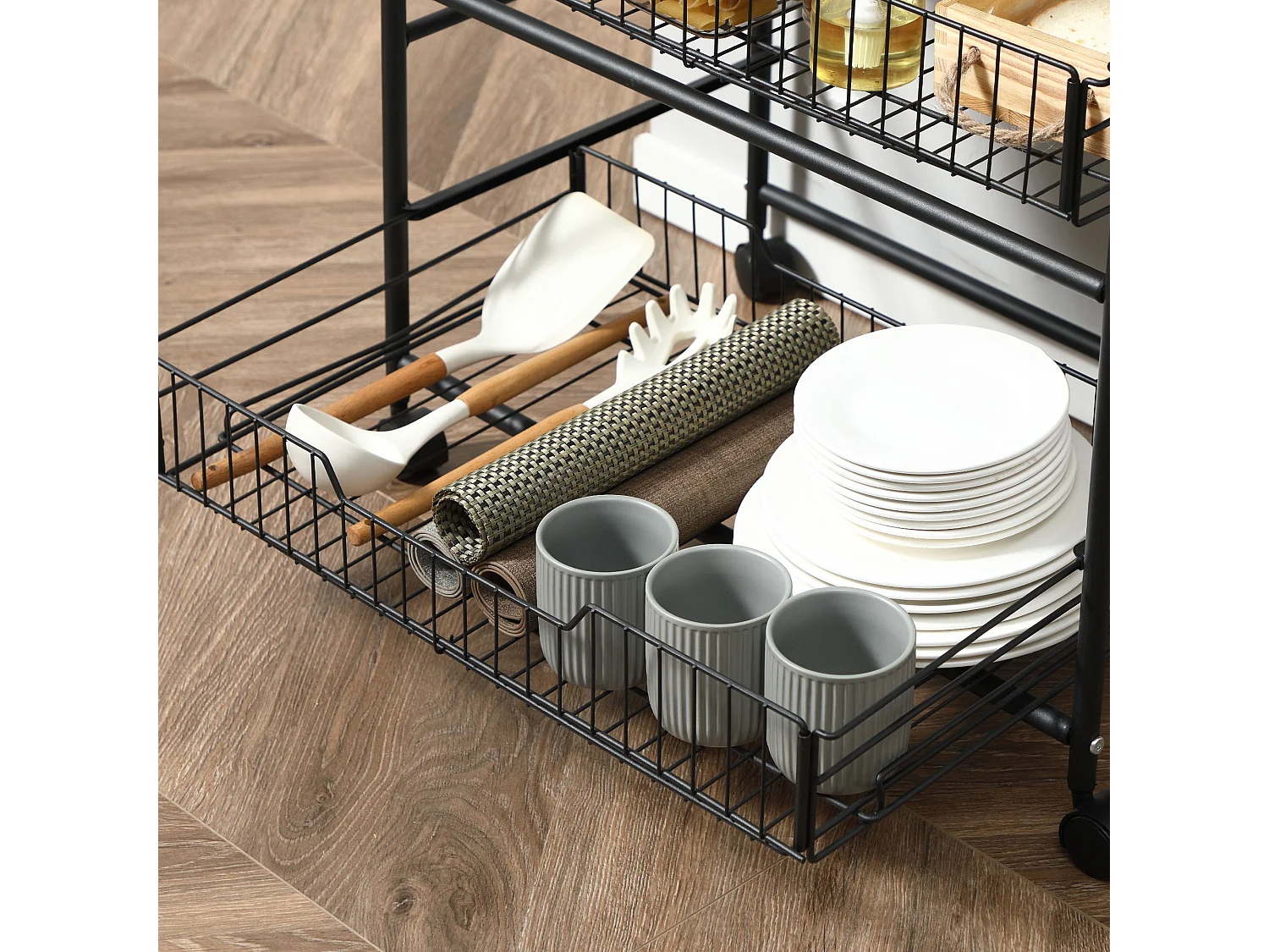 Carrello da cucina stile industriale 4 ruote 2 cestini 4 ganci