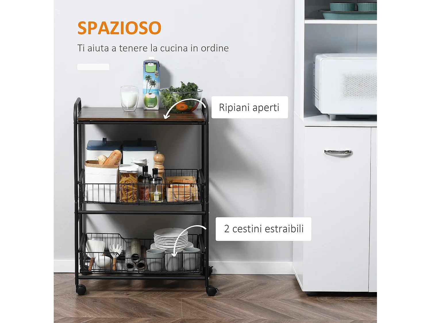 Carrello da cucina stile industriale 4 ruote 2 cestini 4 ganci