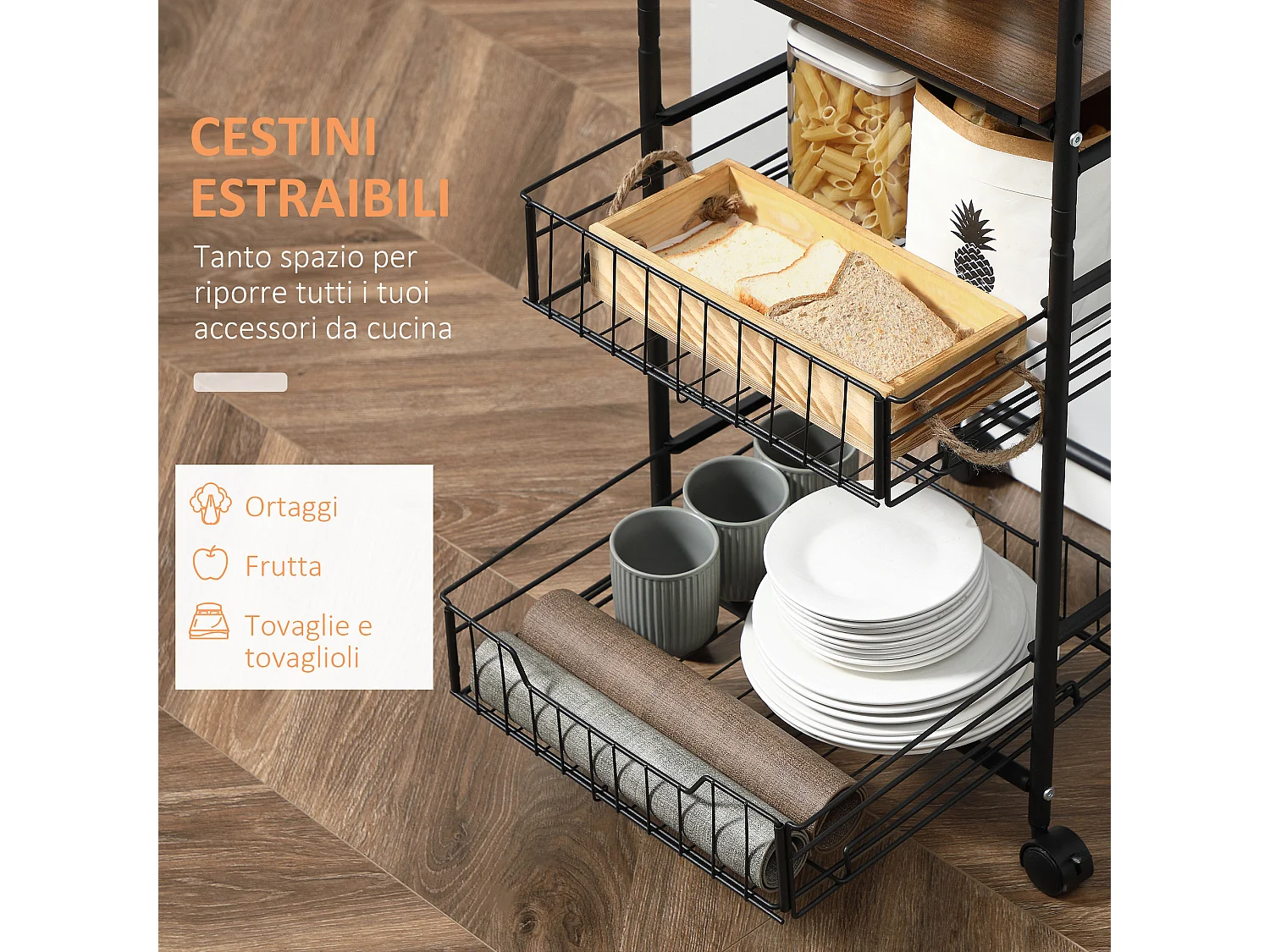 Carrello da cucina stile industriale 4 ruote 2 cestini 4 ganci