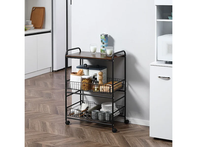 Carrello da cucina stile industriale 4 ruote 2 cestini 4 ganci