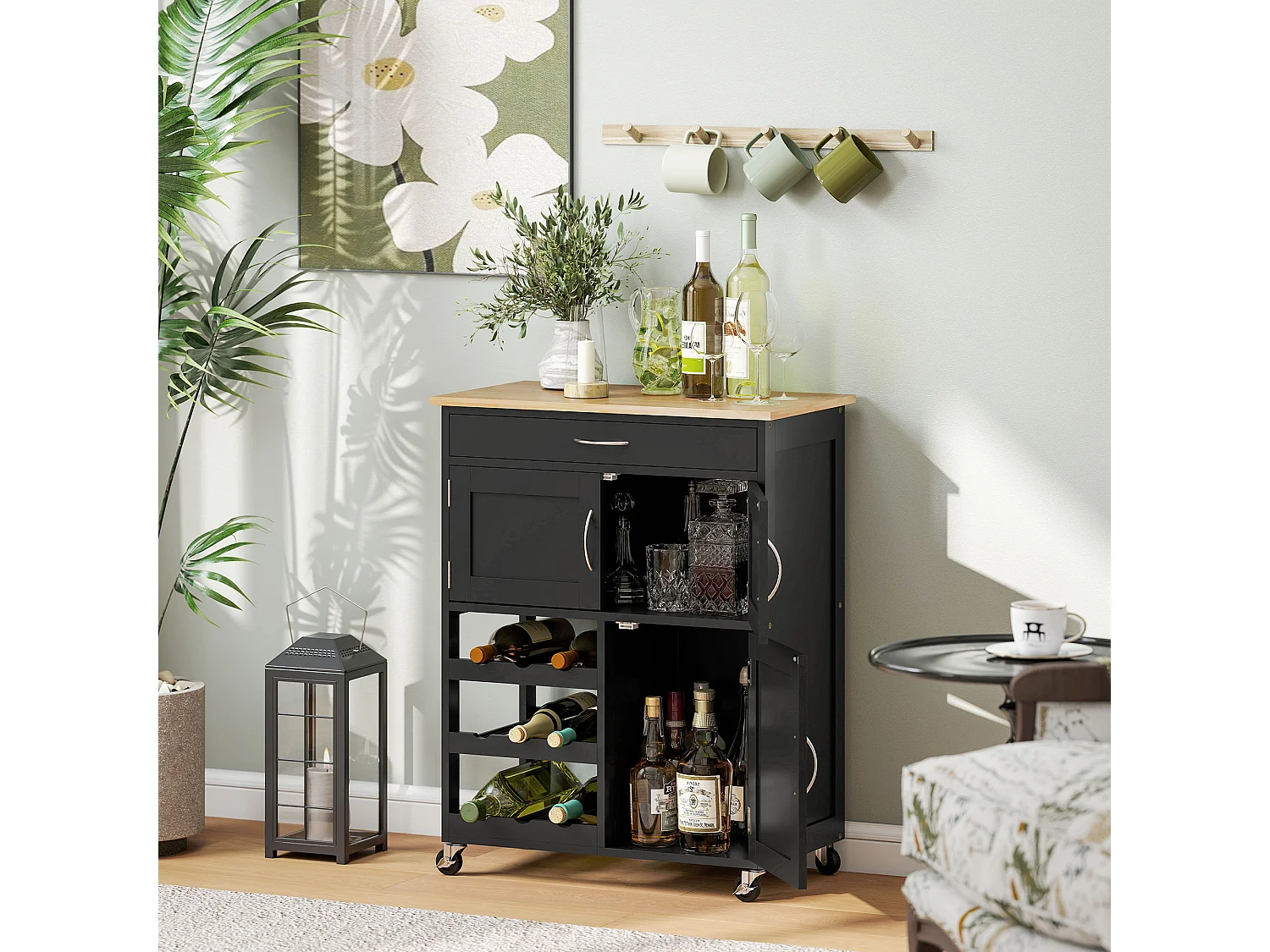 Carrello da cucina in legno con portabottiglie, 3 ante e cassetto nero