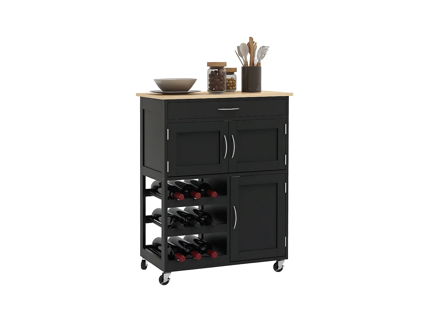 Carrello da cucina in legno con portabottiglie, 3 ante e cassetto nero