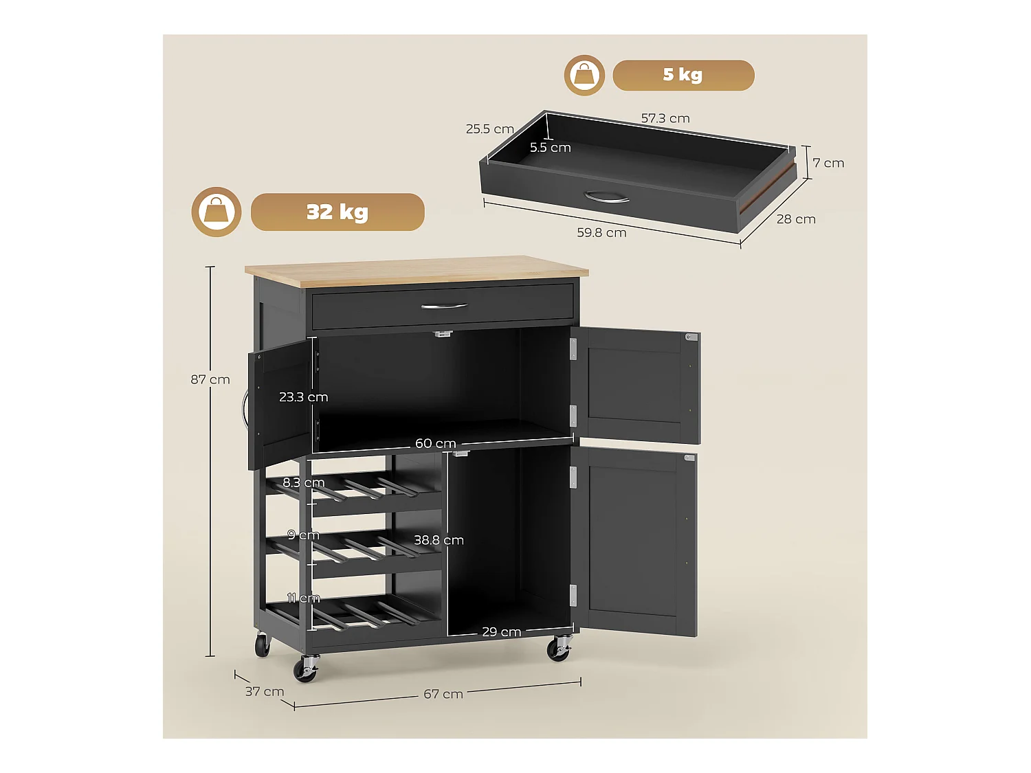 Carrello da cucina in legno con portabottiglie, 3 ante e cassetto nero