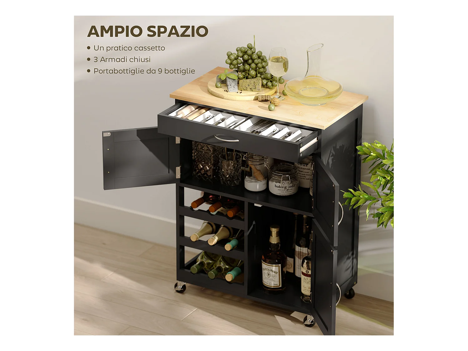 Carrello da cucina in legno con portabottiglie, 3 ante e cassetto nero