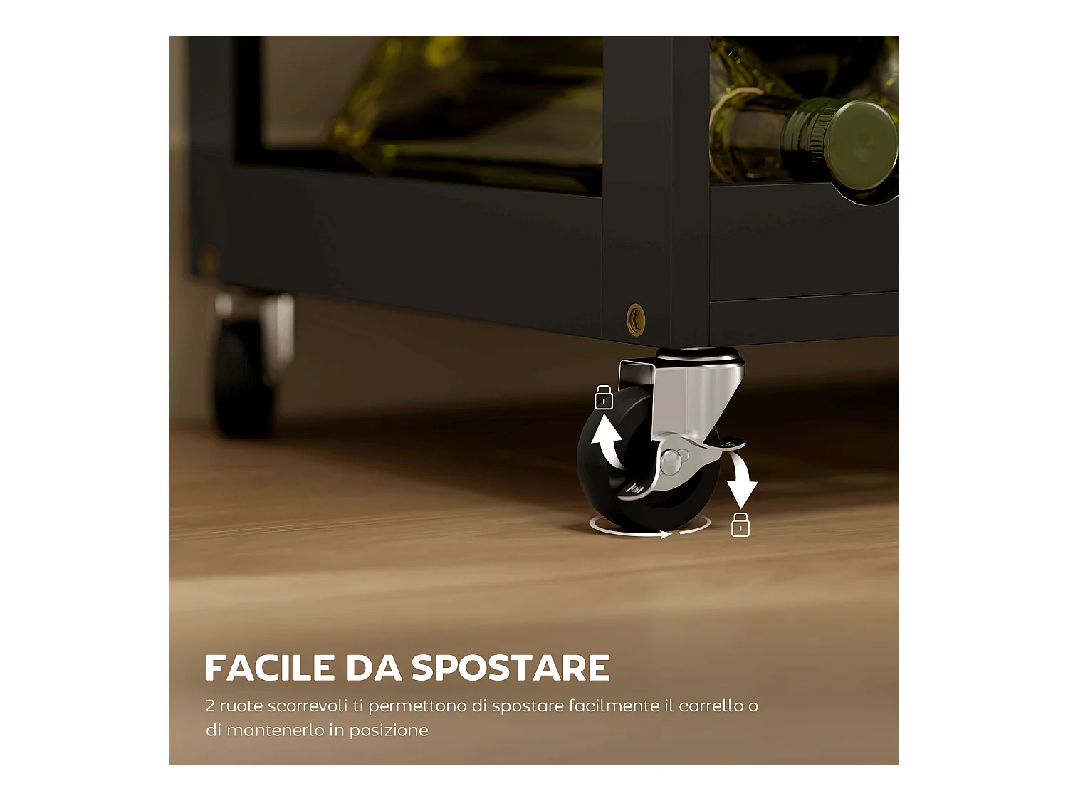 Carrello da cucina in legno con portabottiglie, 3 ante e cassetto nero