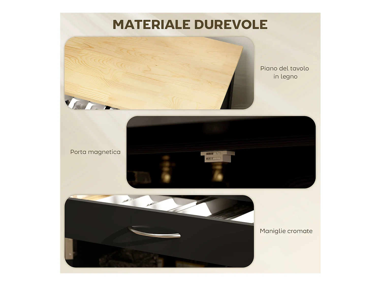 Carrello da cucina in legno con portabottiglie, 3 ante e cassetto nero