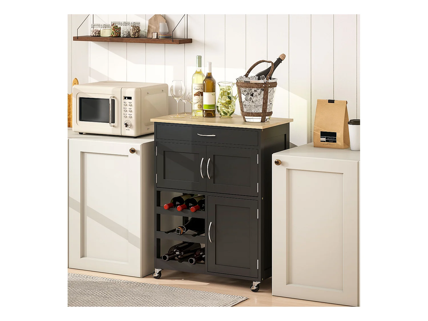 Carrello da cucina in legno con portabottiglie, 3 ante e cassetto nero