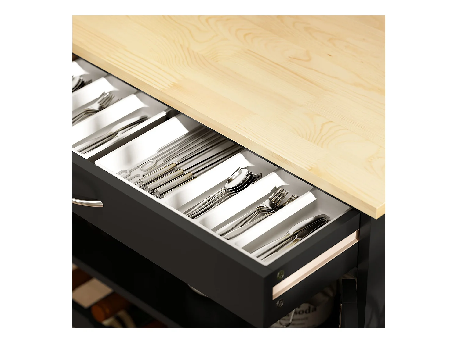 Carrello da cucina in legno con portabottiglie, 3 ante e cassetto nero