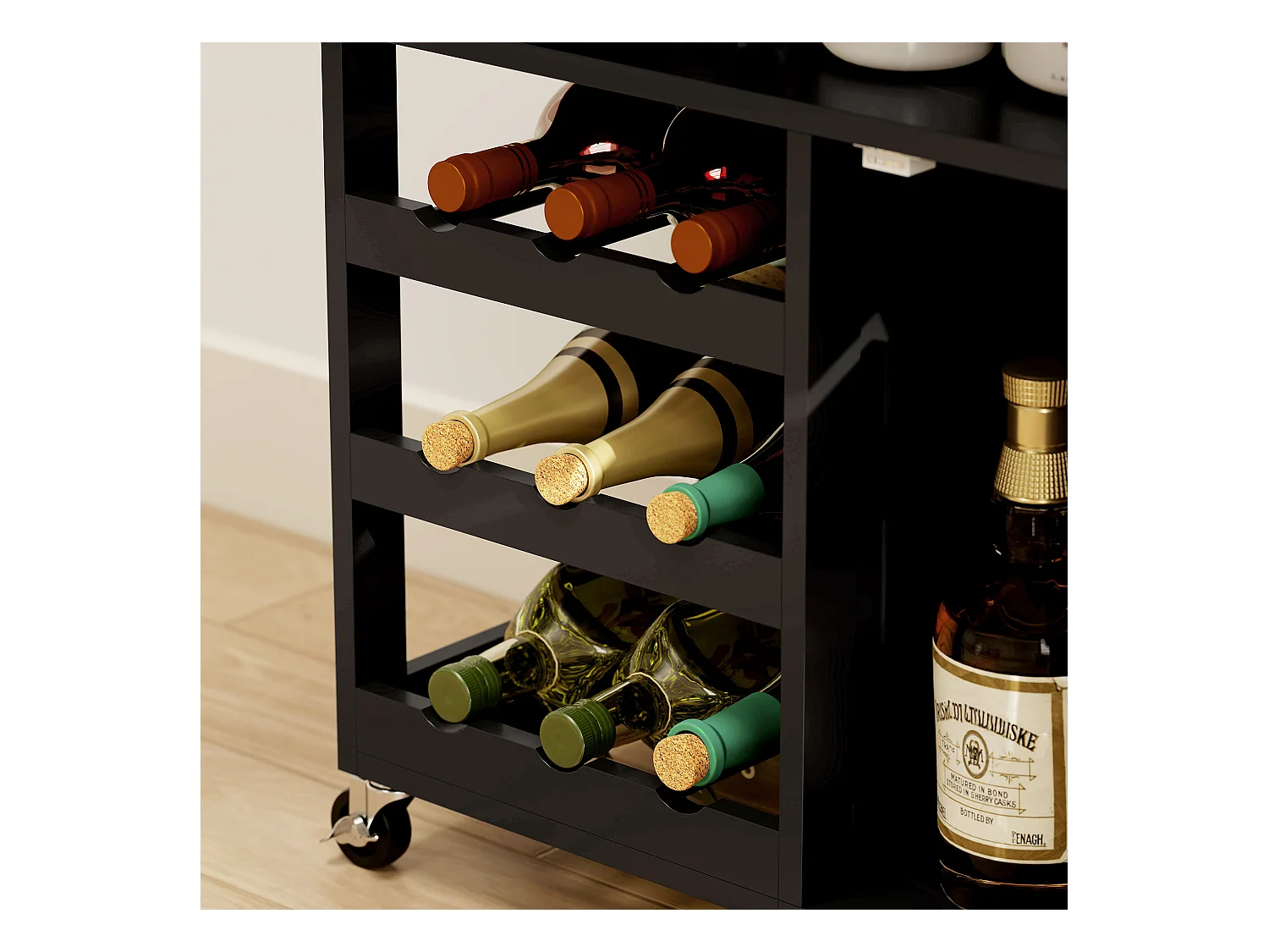 Carrello da cucina in legno con portabottiglie, 3 ante e cassetto nero