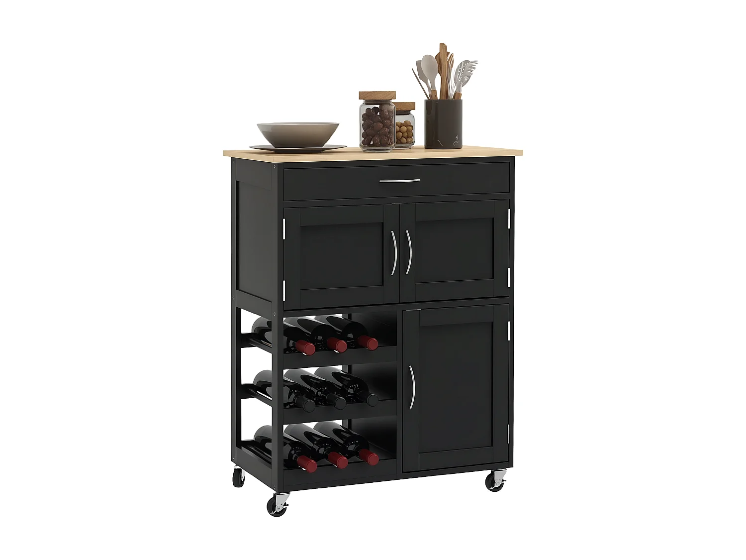 Carrello da cucina in legno con portabottiglie, 3 ante e cassetto nero