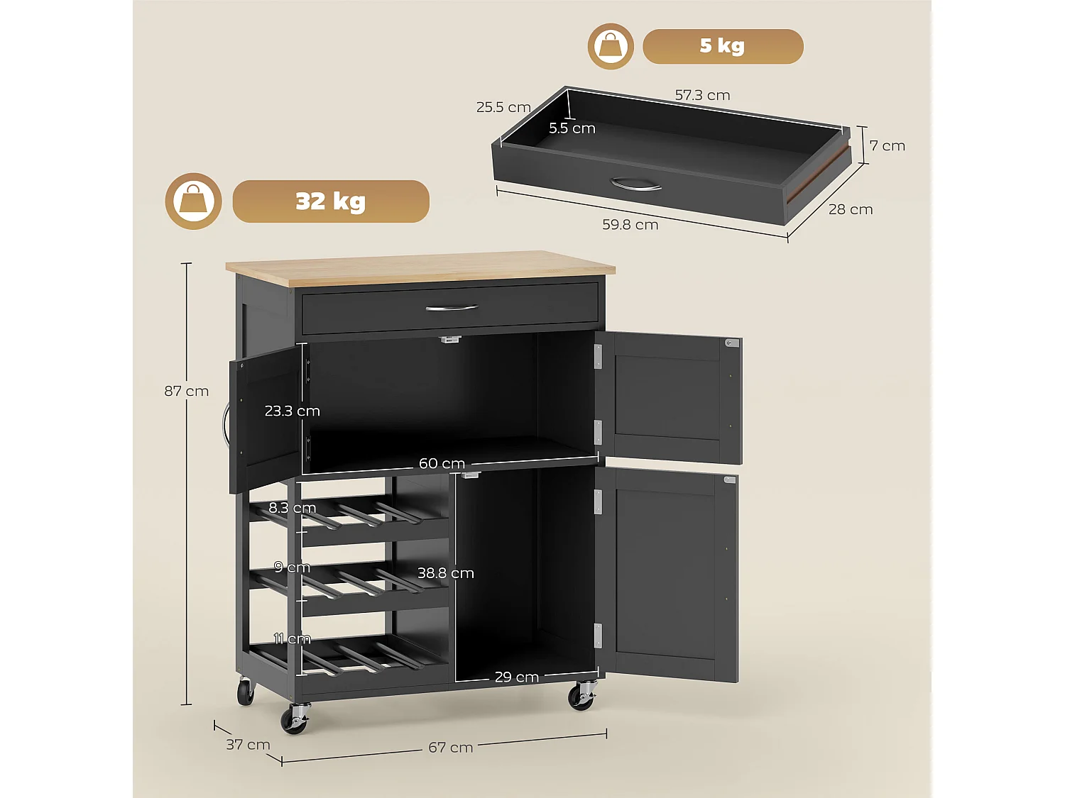 Carrello da cucina in legno con portabottiglie, 3 ante e cassetto nero