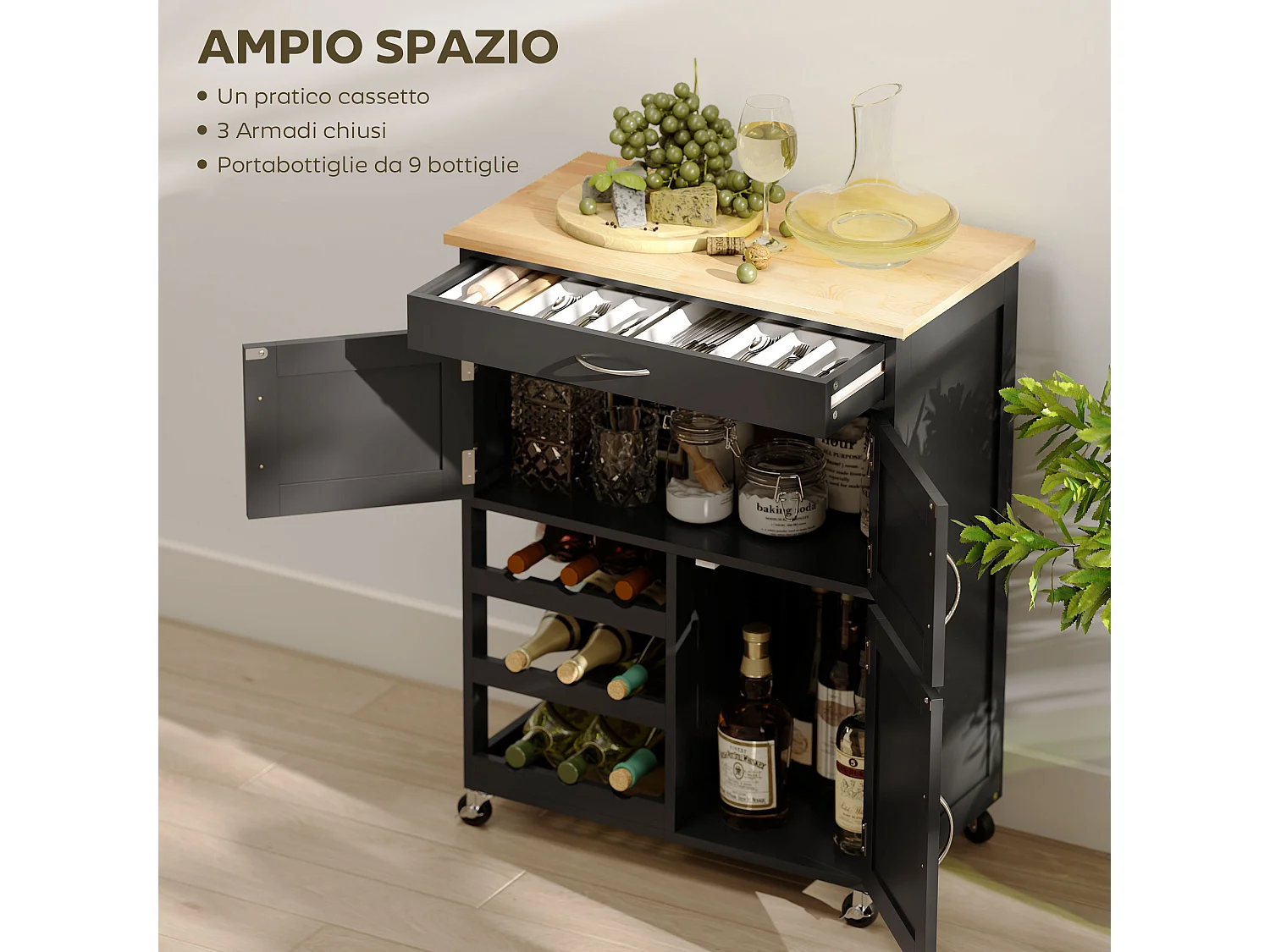 Carrello da cucina in legno con portabottiglie, 3 ante e cassetto nero