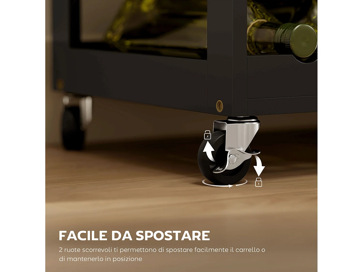 Carrello da cucina in legno con portabottiglie, 3 ante e cassetto nero