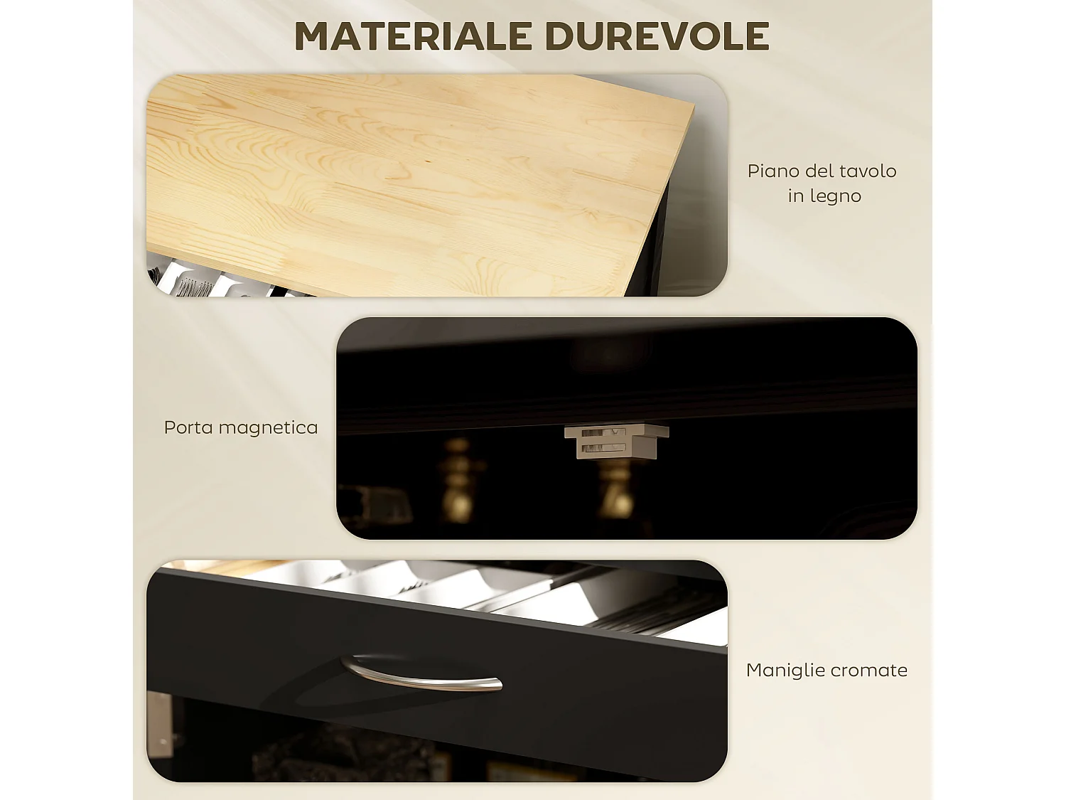 Carrello da cucina in legno con portabottiglie, 3 ante e cassetto nero