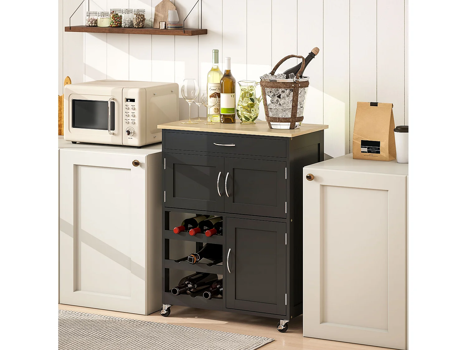 Carrello da cucina in legno con portabottiglie, 3 ante e cassetto nero