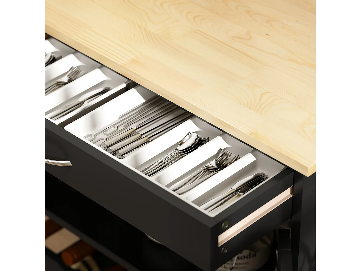 Carrello da cucina in legno con portabottiglie, 3 ante e cassetto nero