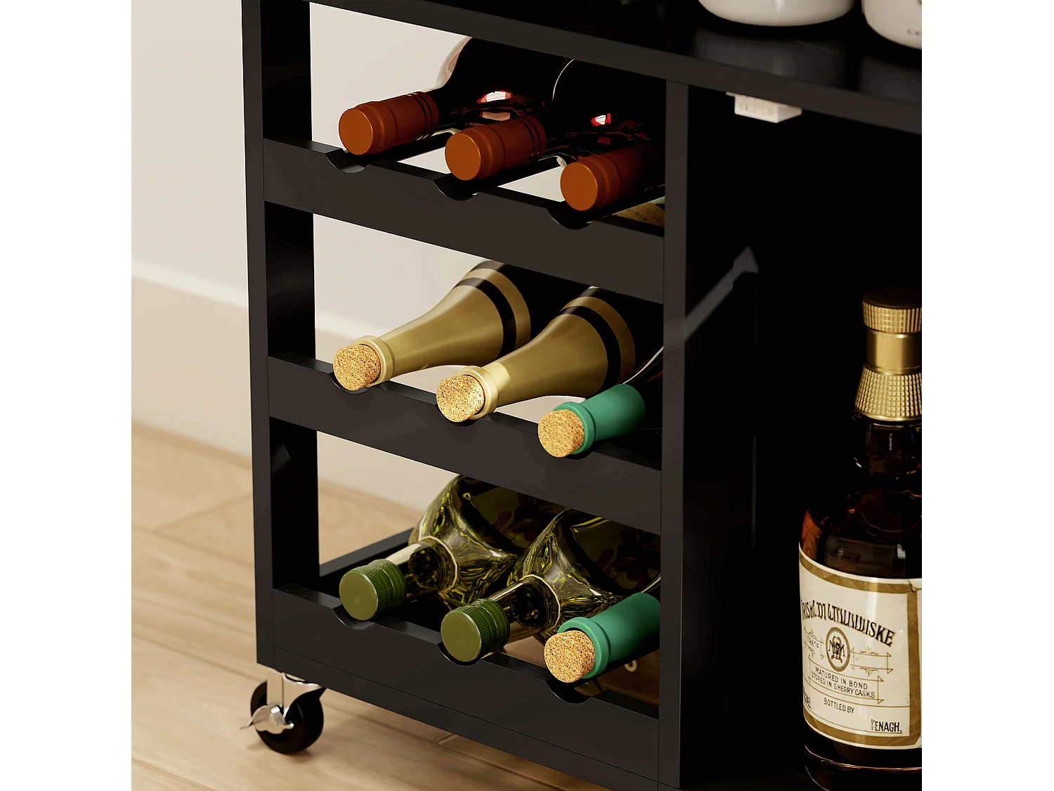 Carrello da cucina in legno con portabottiglie, 3 ante e cassetto nero