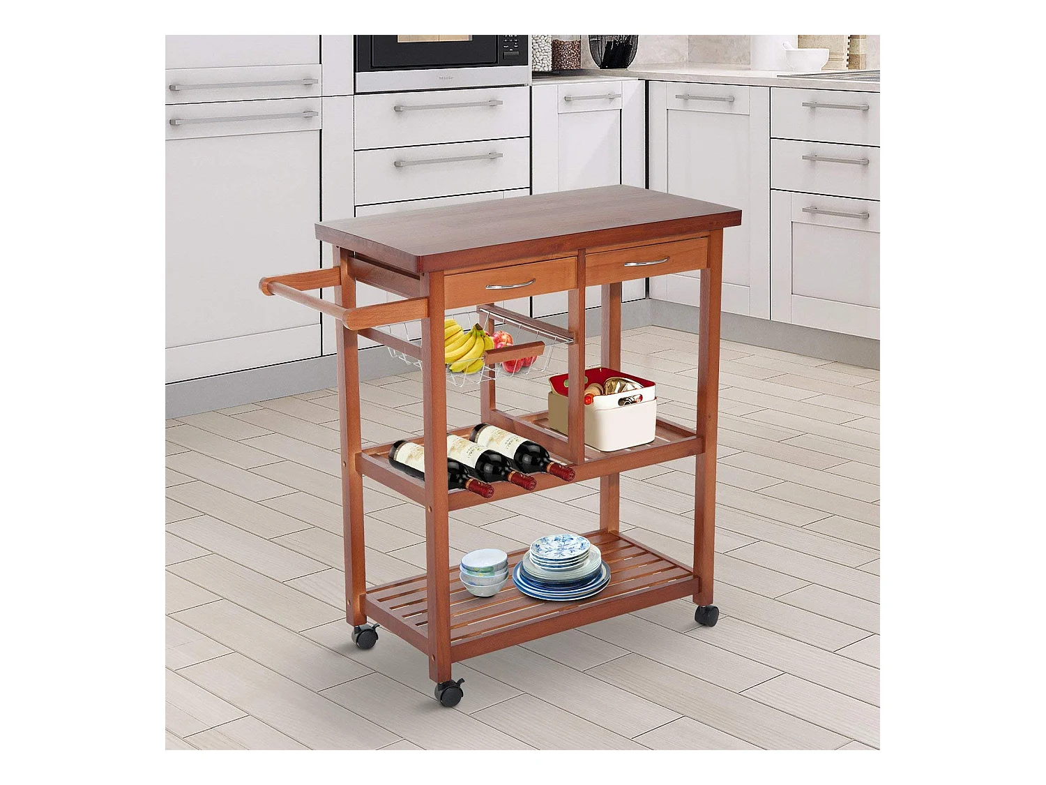 Carrello portata da cucina con portabottiglie legno di pino legno