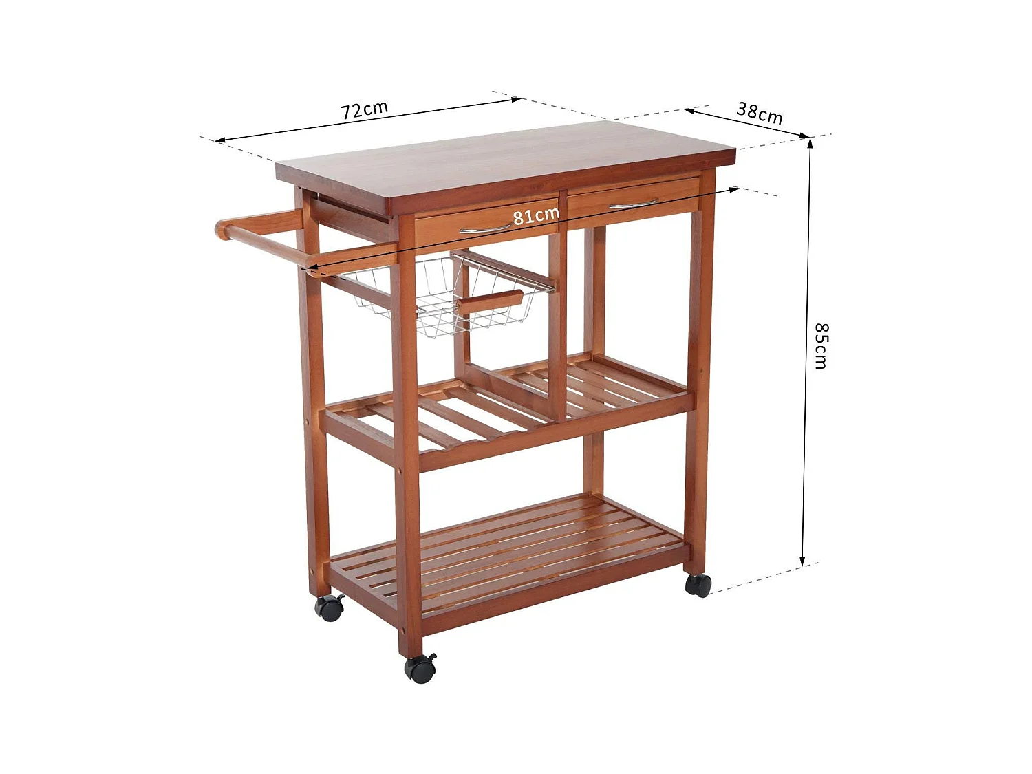 Carrello portata da cucina con portabottiglie legno di pino legno