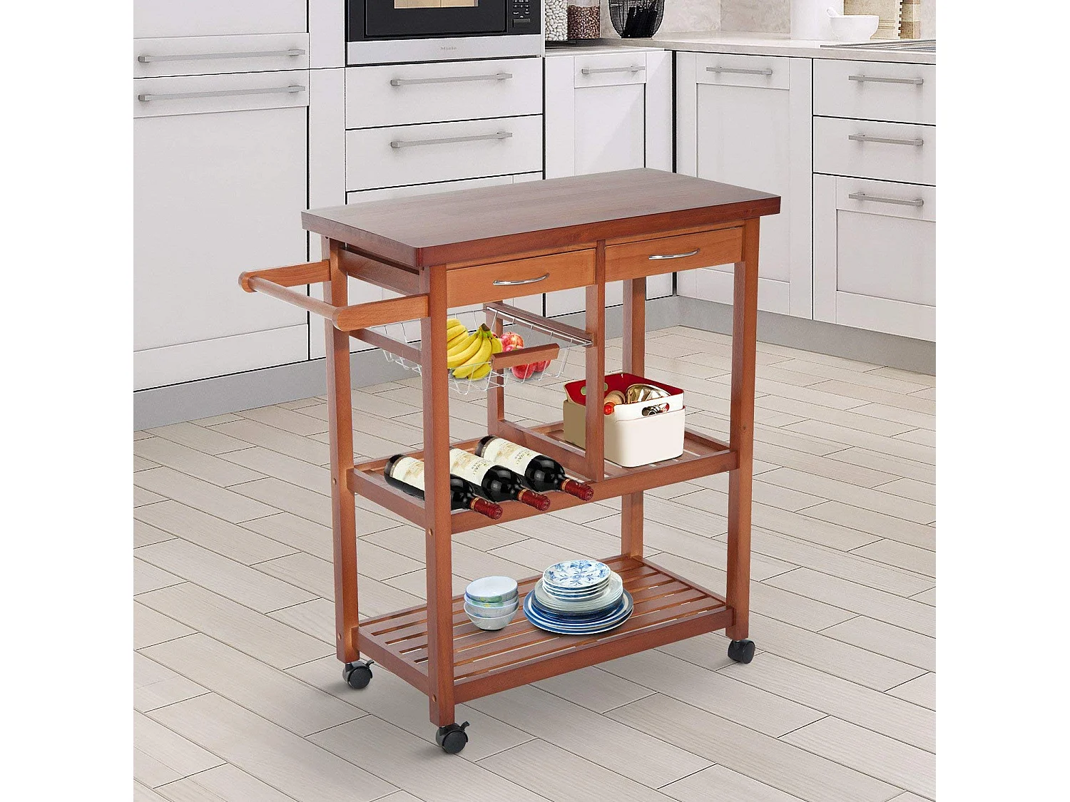 Carrello portata da cucina con portabottiglie legno di pino legno